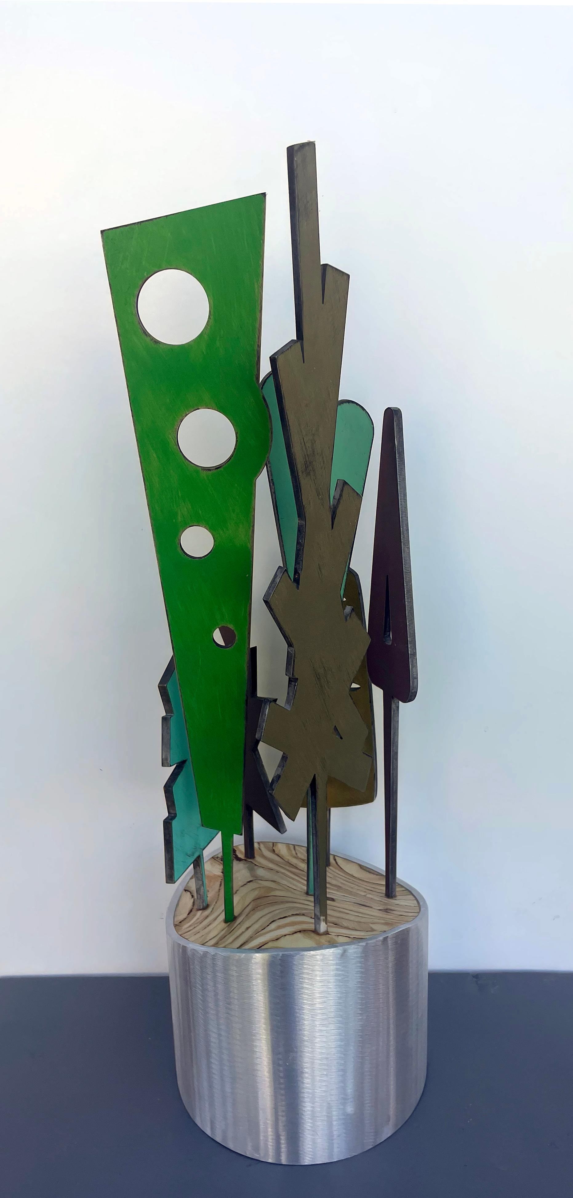 sculpture de table, sculpture d'intérieur, bois et métal, colorée, 