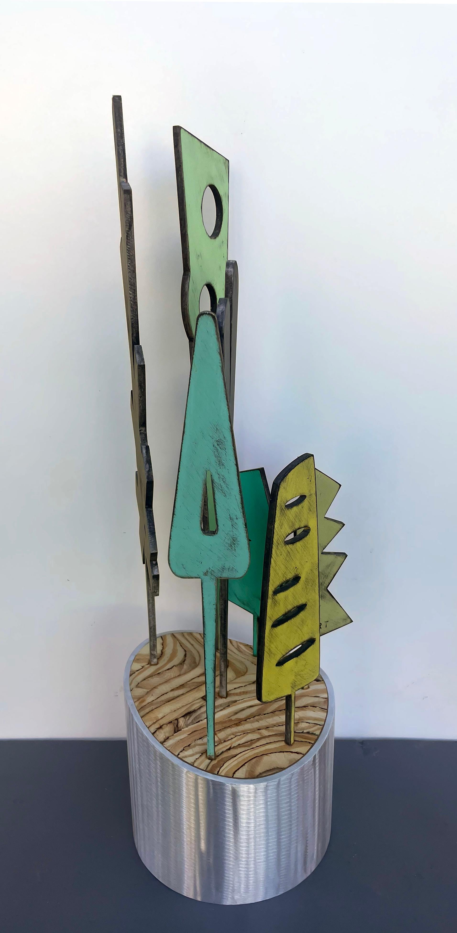 sculpture de table, sculpture d'intérieur, bois et métal, colorée, 