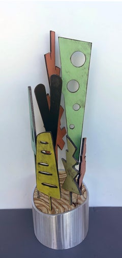 escultura de sobremesa, escultura de interior, madera y metal, colorido, "Planeta - Olmo"