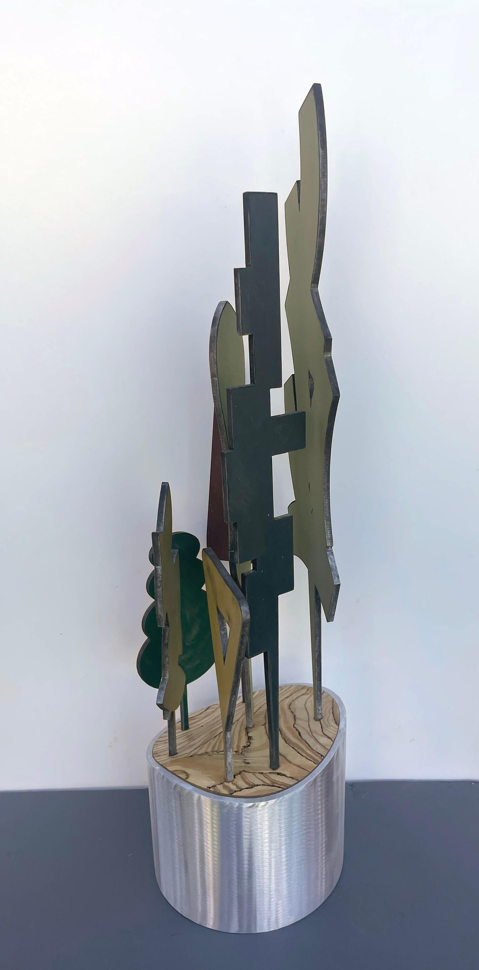 tabletop sculpture, indoor sculpture, wood and metal, colorful 