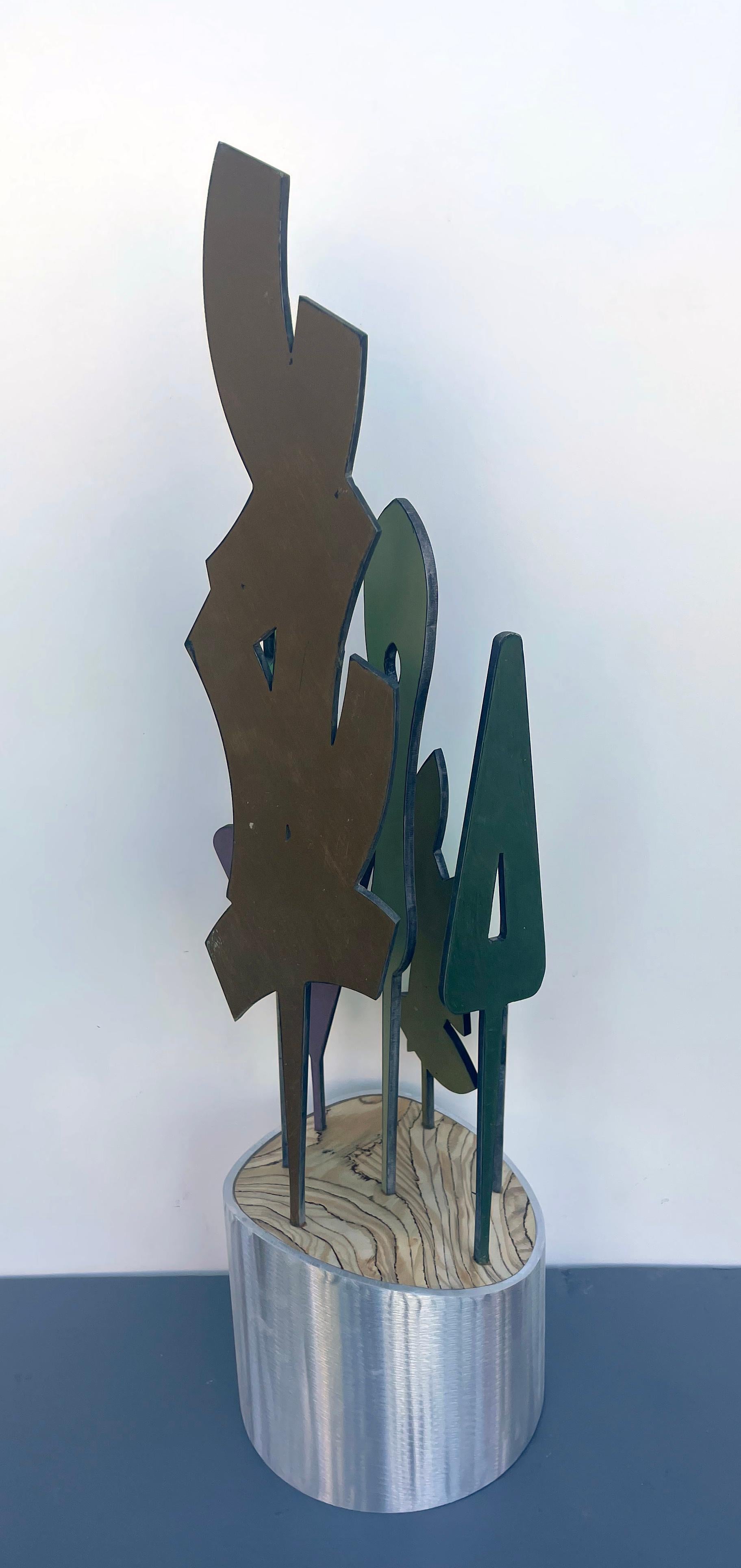 tabletop sculpture, indoor sculpture, wood and metal, colorful 