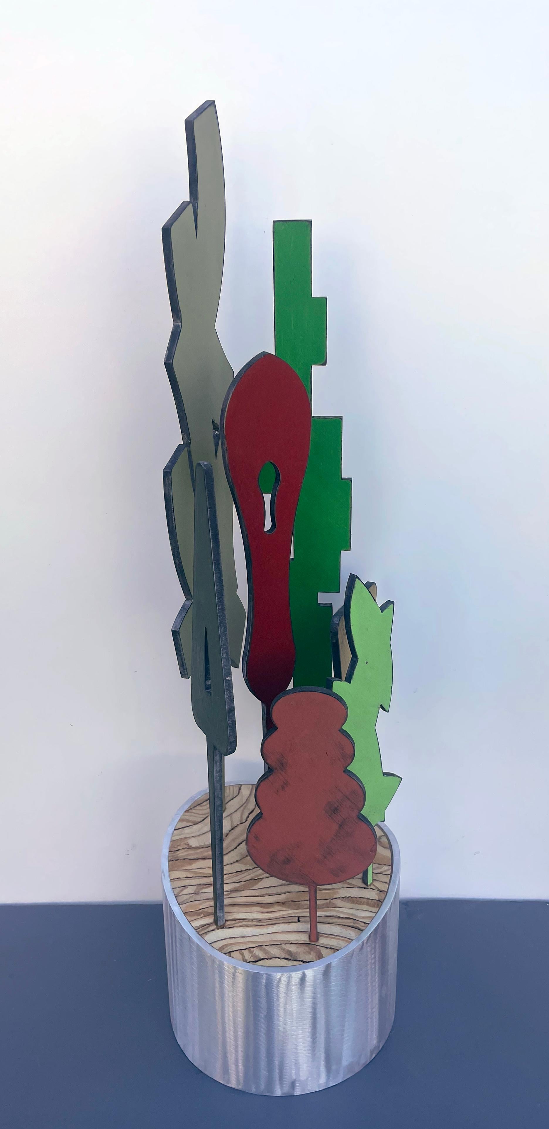 tabletop sculpture, indoor sculpture, wood and metal, colorful 