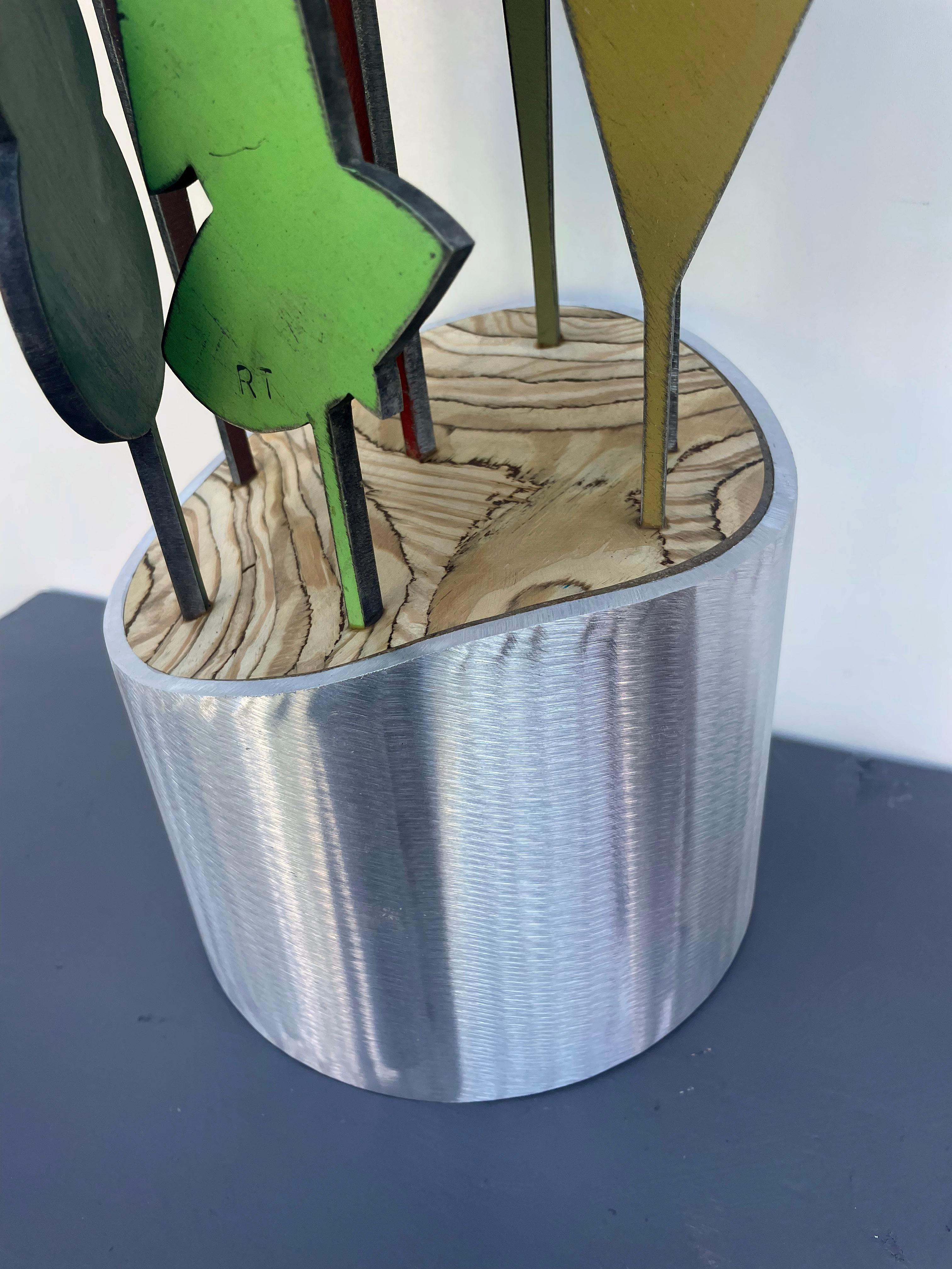 tabletop sculpture, indoor sculpture, metal sculpture, colorful sculpture; 