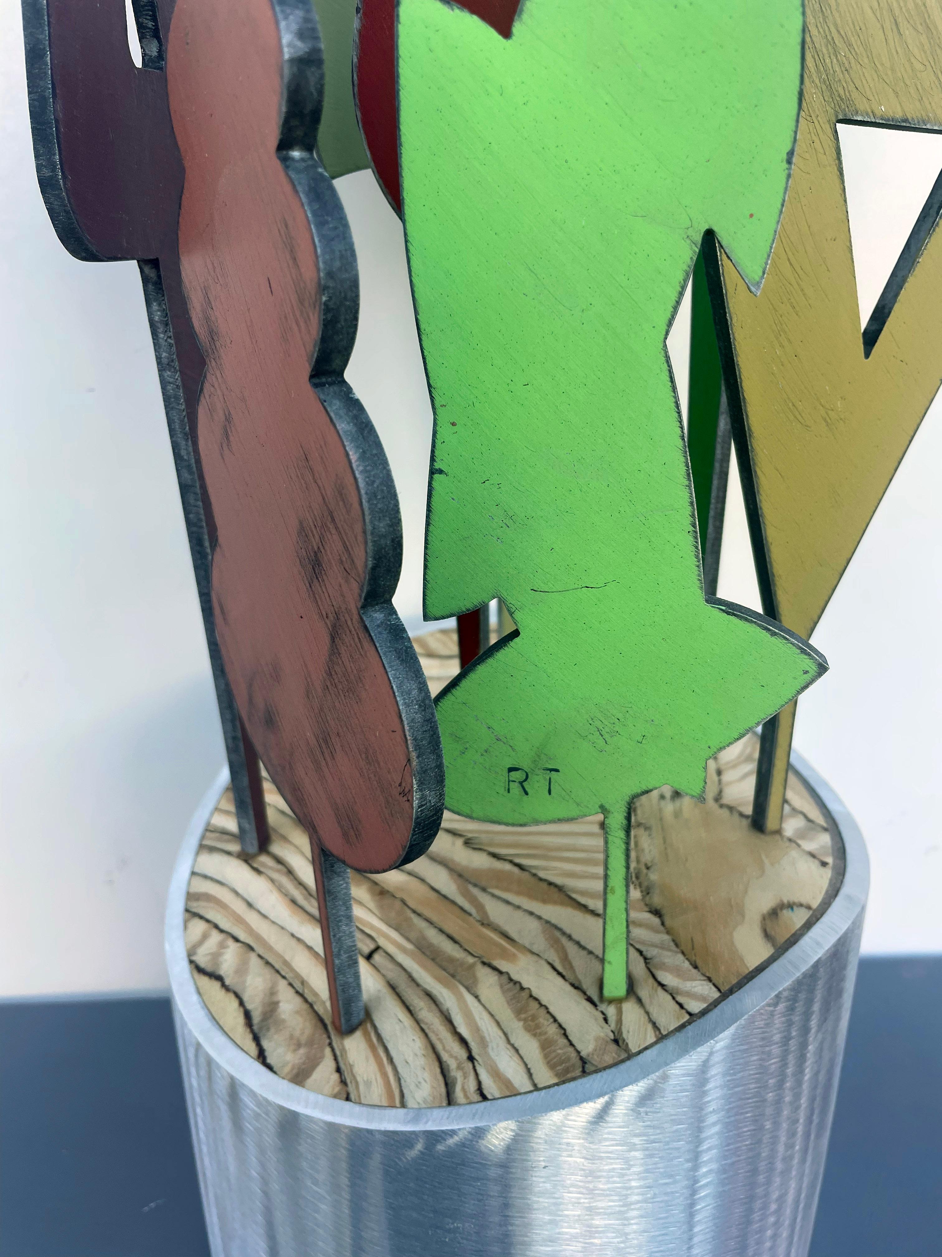 tabletop sculpture, indoor sculpture, wood and metal, colorful 