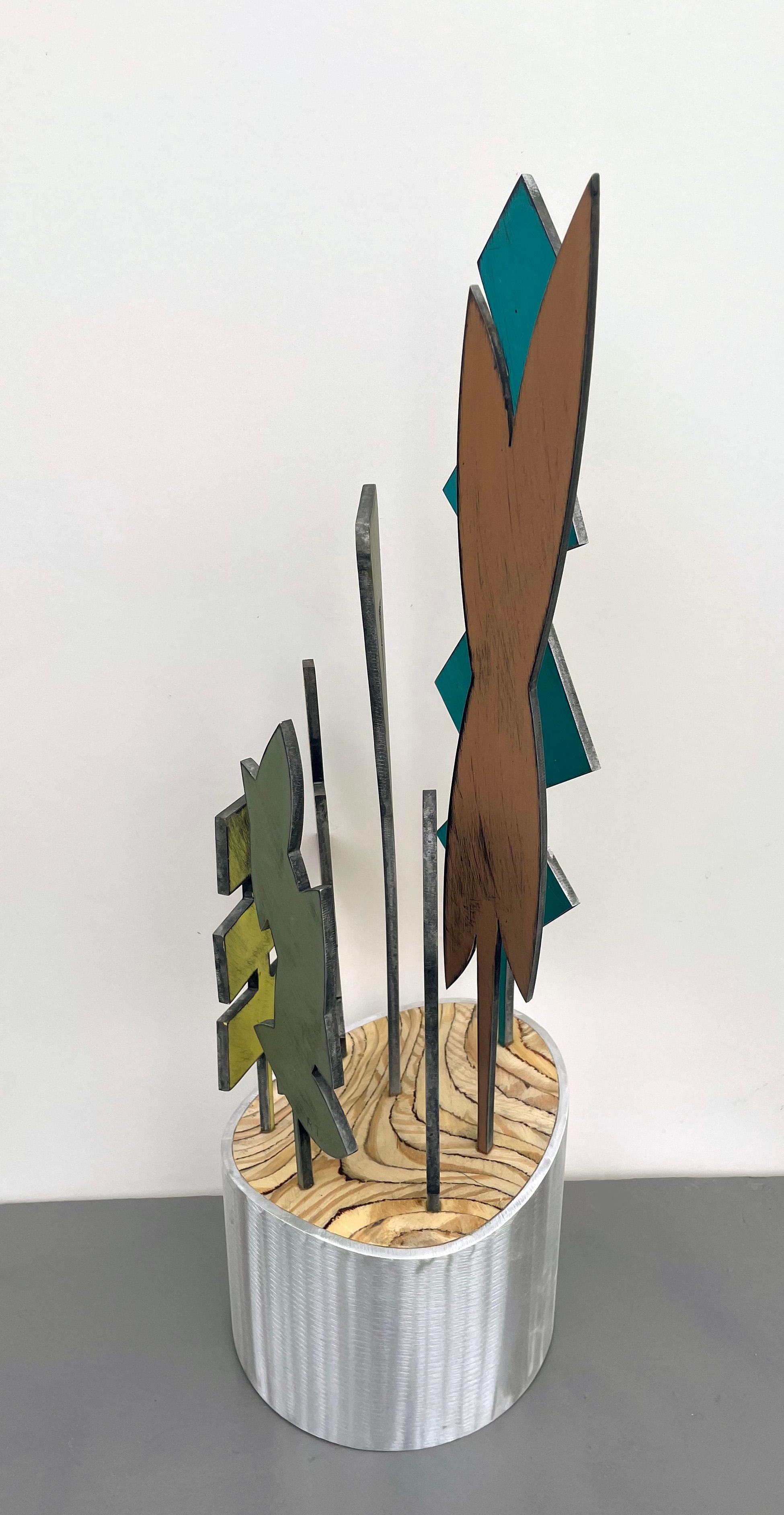 sculpture de table, sculpture d'intérieur, bois et métal, colorée, 