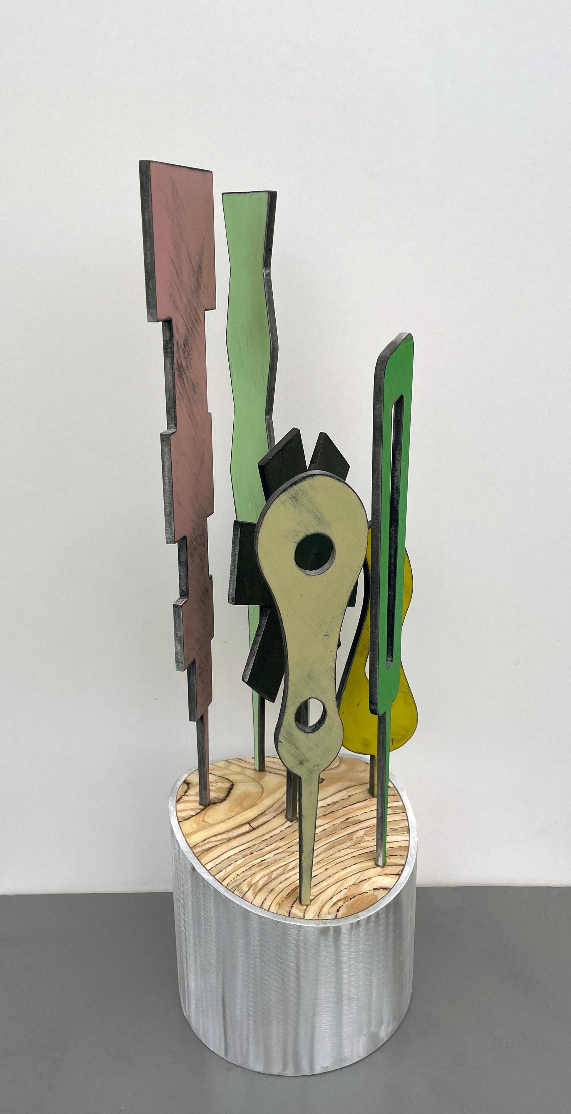 sculpture de table, sculpture d'intérieur, bois et métal, colorée, 