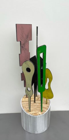 sculpture de table, sculpture d'intérieur, bois et métal, colorée, "Planet - Oak"