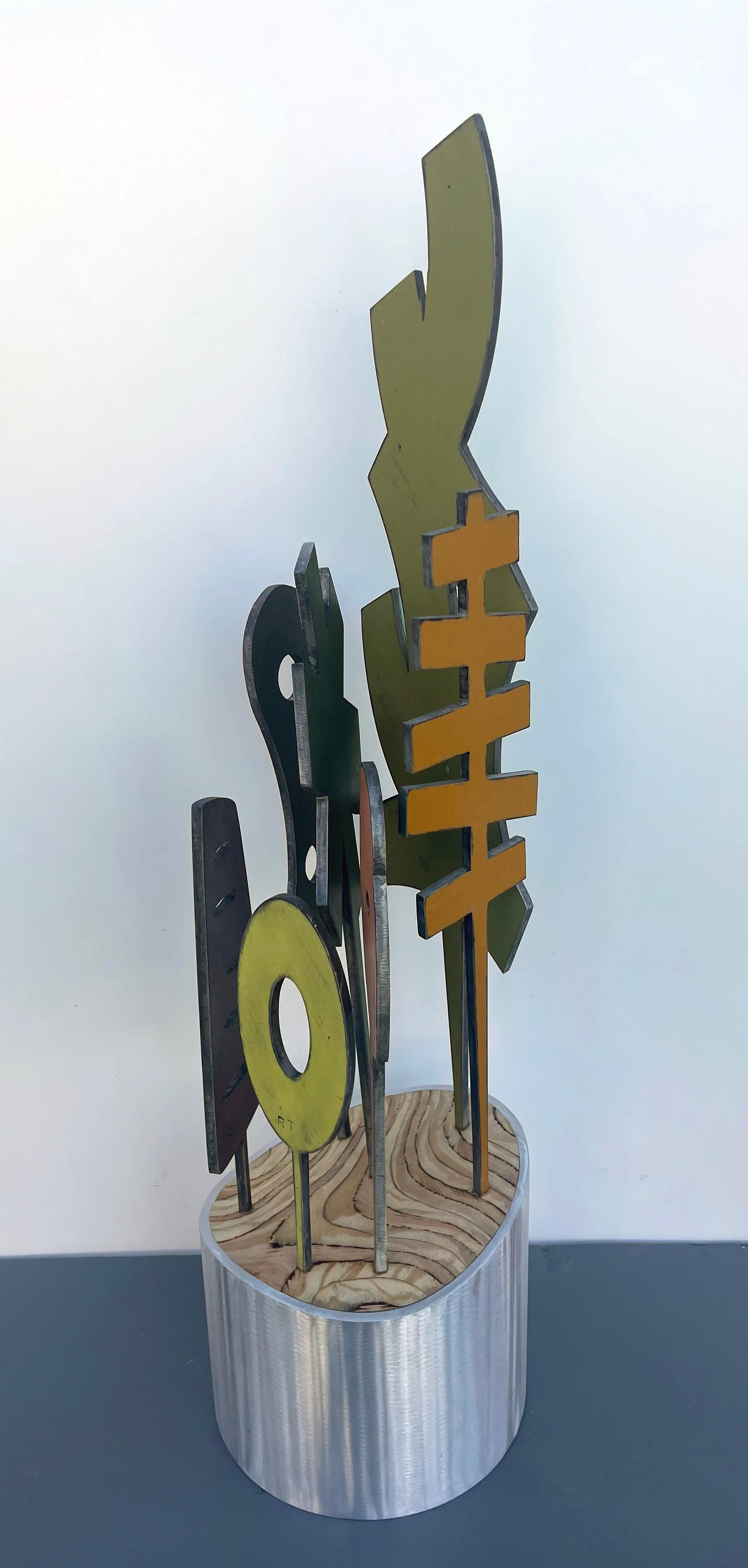 tabletop sculpture, indoor sculpture, wood and metal, colorful 