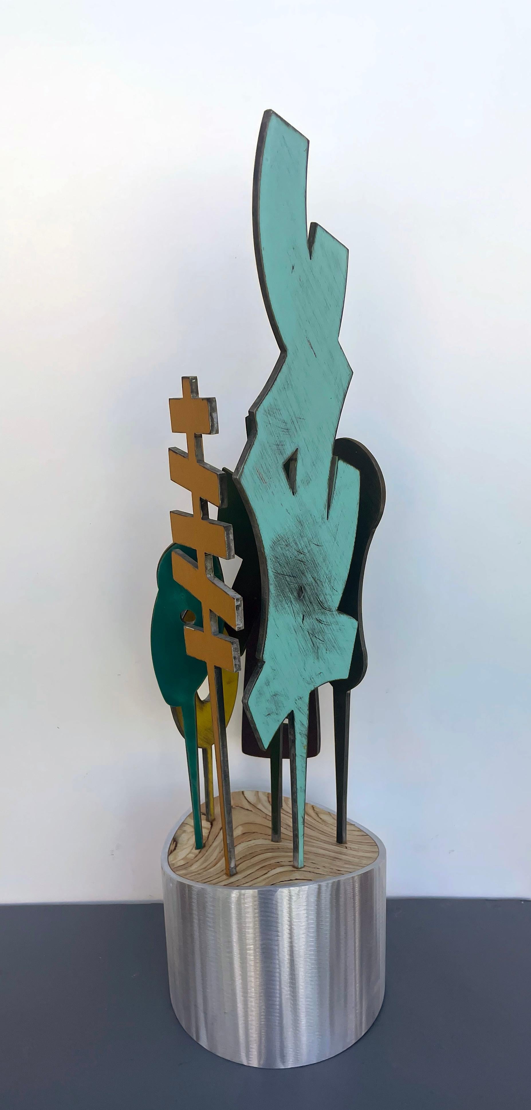 tabletop sculpture, indoor sculpture, wood and metal, colorful 