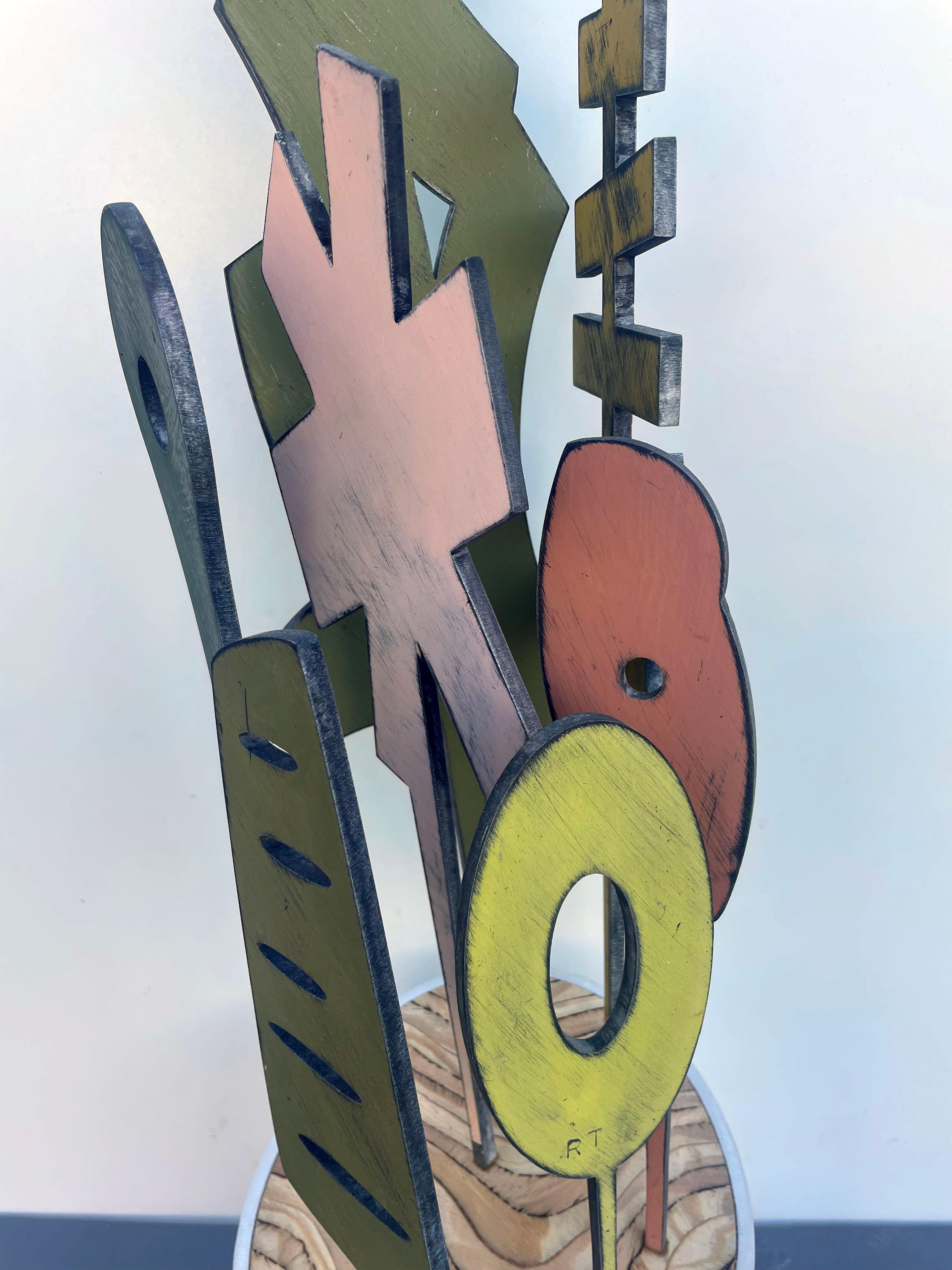 tabletop sculpture, indoor sculpture, wood and metal, colorful 