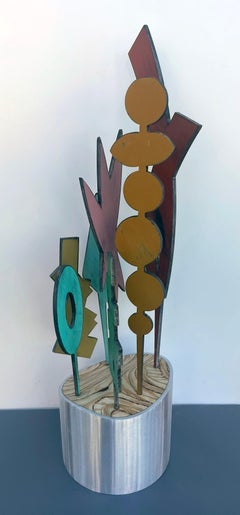 tabletop sculpture, indoor sculpture, wood and metal, colorful "Planet - Willow"