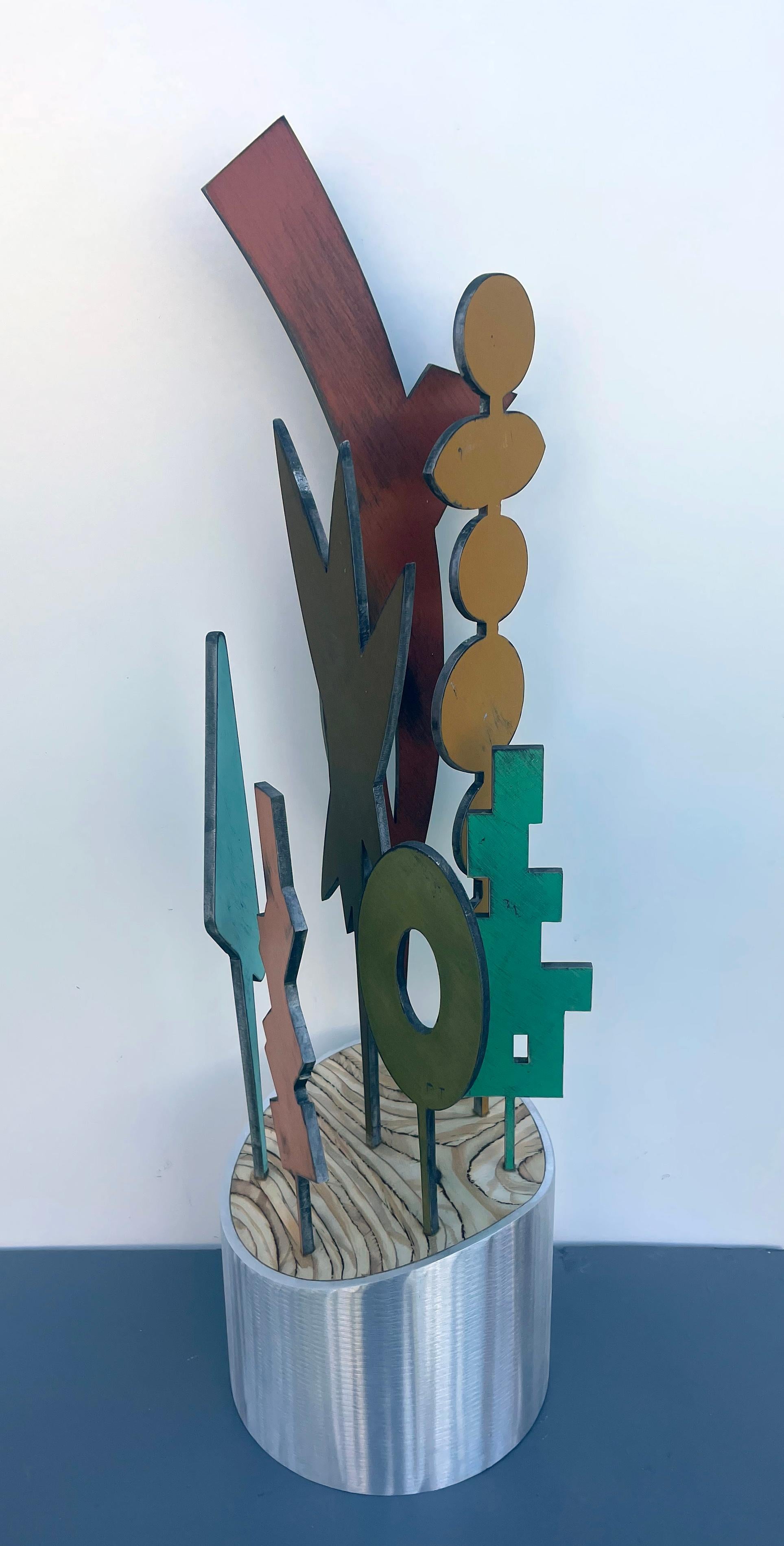 sculpture de table, sculpture d'intérieur, bois et métal, colorée "Planet - Wood Wood"