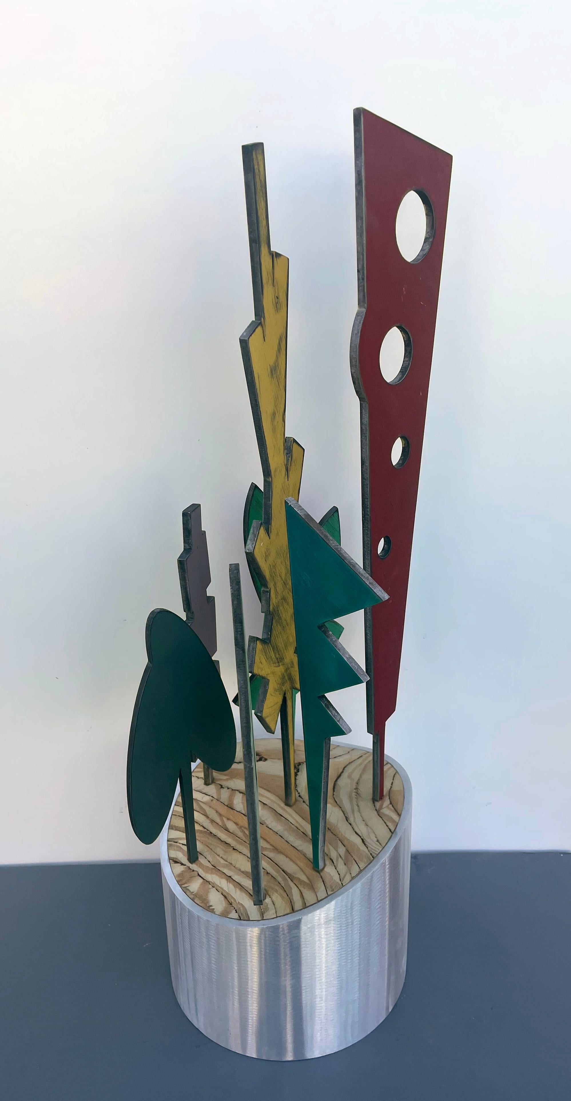 sculpture de table, intérieur, bois et métal, coloré, 