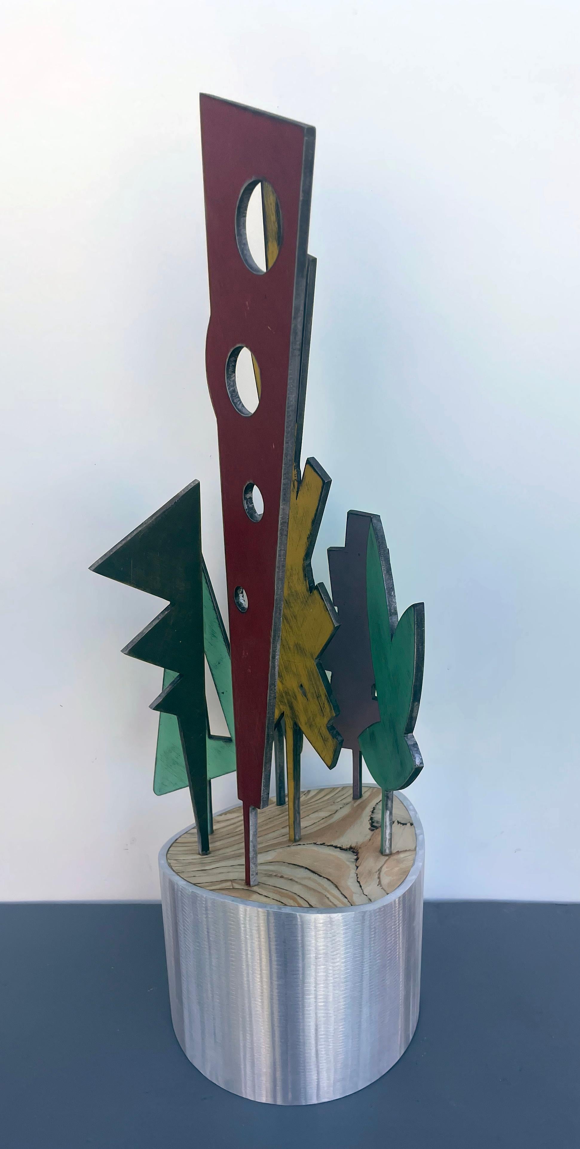 sculpture de table, intérieur, bois et métal, coloré, 
