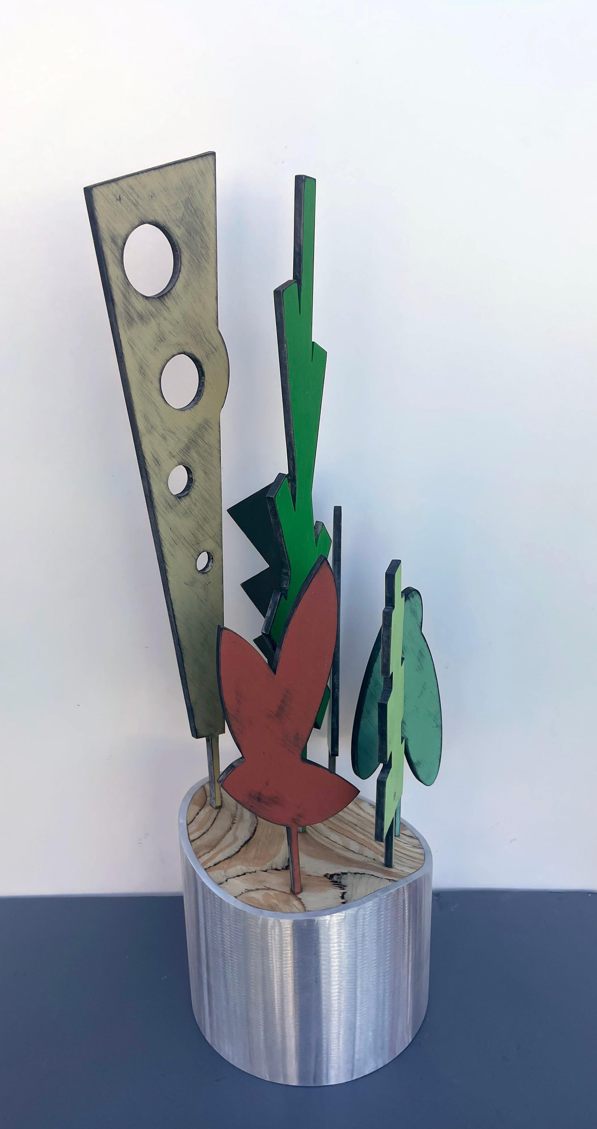 sculpture de table, intérieur, bois et métal, coloré, 