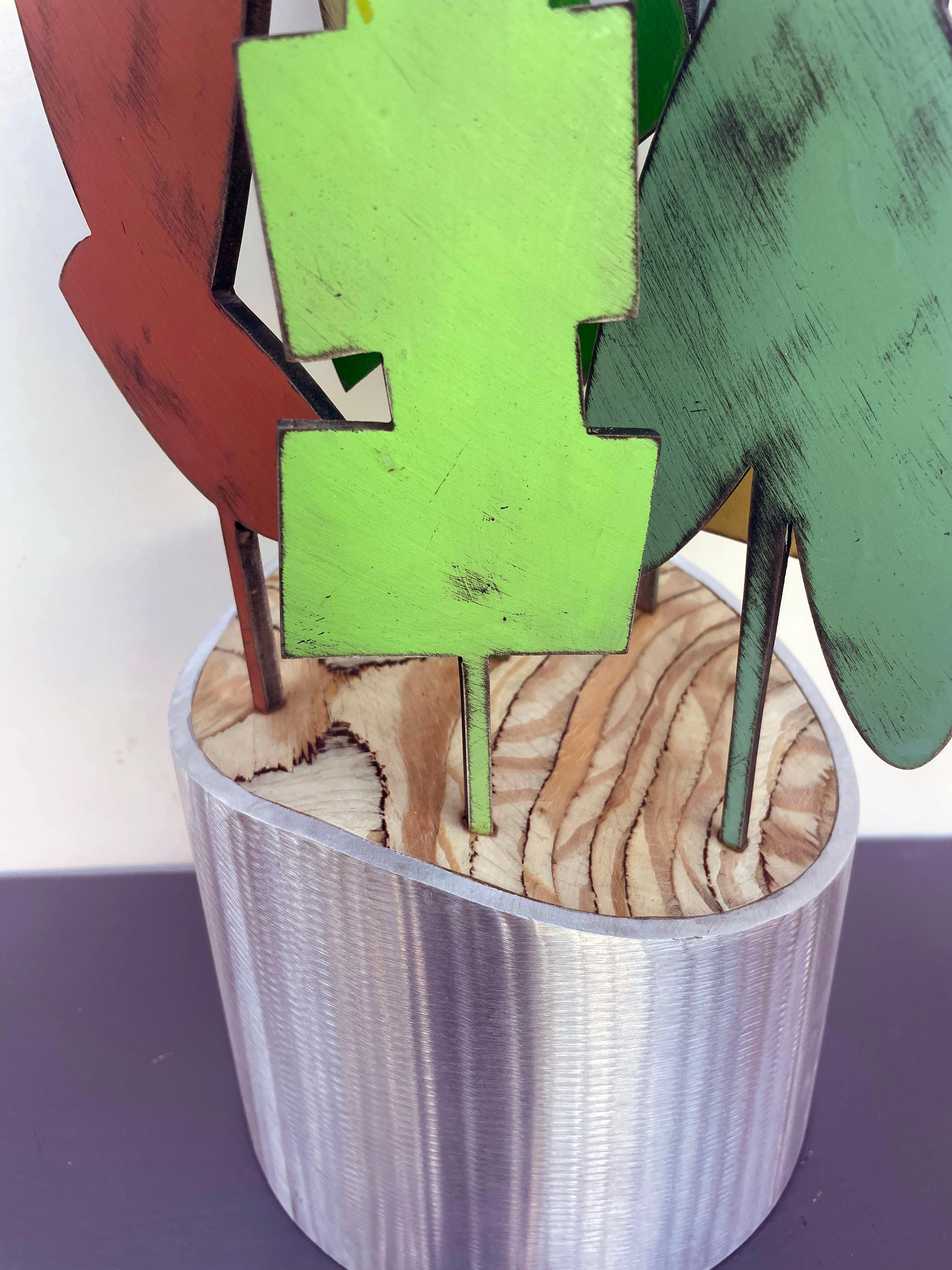 sculpture de table, intérieur, bois et métal, coloré, 