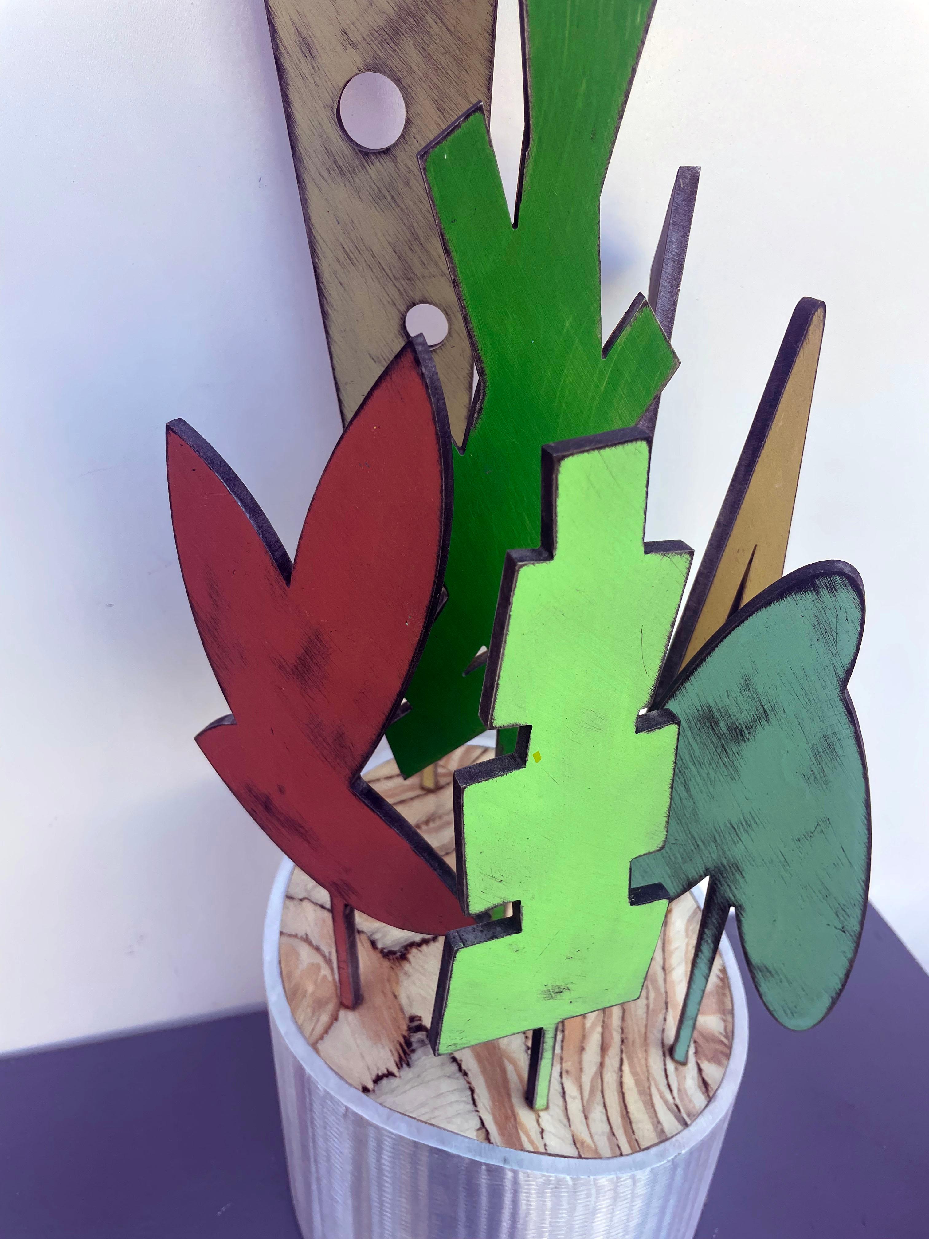 sculpture de table, intérieur, bois et métal, coloré, 