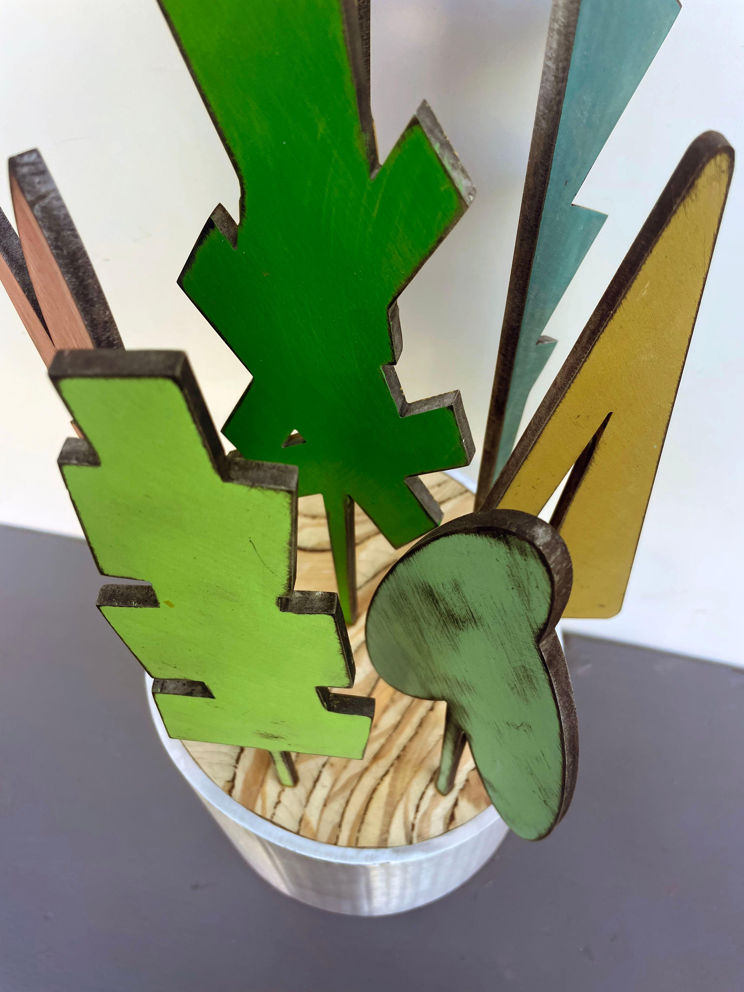 sculpture de table, intérieur, bois et métal, coloré, 