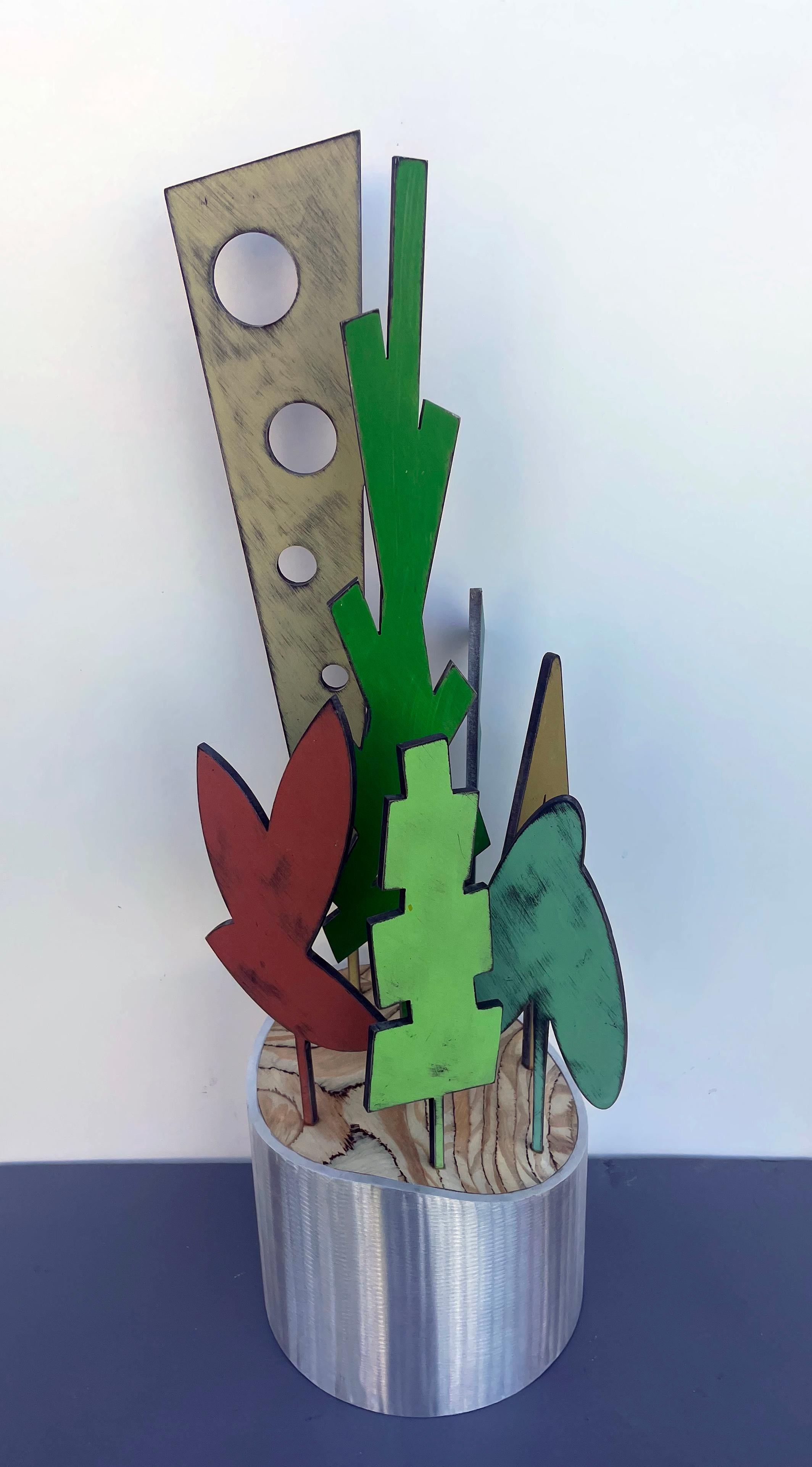 tabletop sculpture, indoor, wood and metal, colorful, "Planet - White Pine"