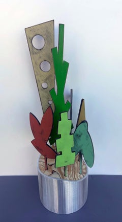 tabletop sculpture, indoor, wood and metal, colorful, "Planet - White Pine"
