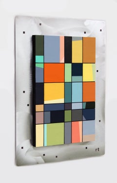 escultura mural, escultura abstracta, metal y madera, relieve mural, "Luces de la ciudad 5"