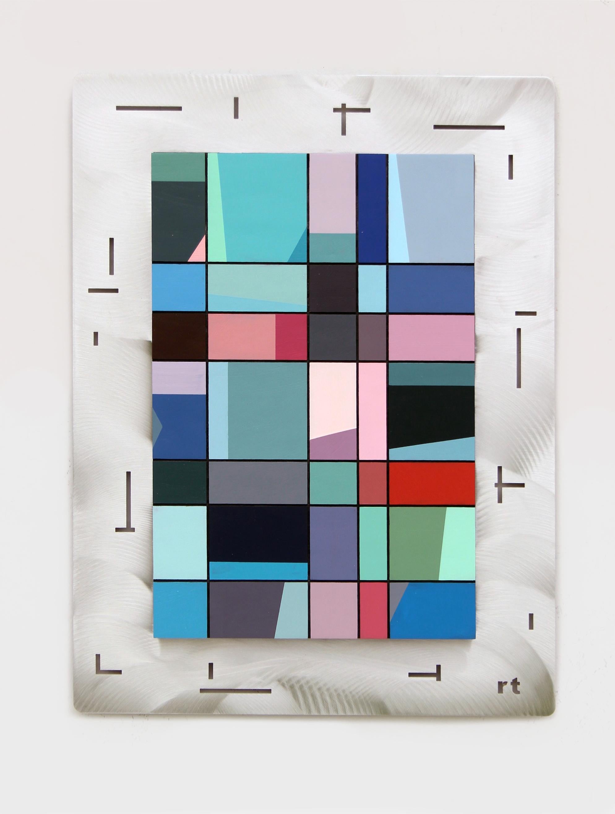 Wandskulptur, abstrakte Skulptur, Metall und Holz, Wandrelief, "City Lights 6".