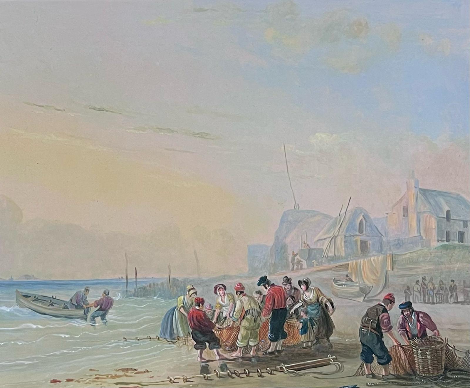 Traditional English Oil Painting Fisherfolk Tending Nets on Crowded Beach Coast - Gray Landscape Painting by Richard Temple