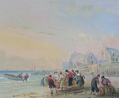 Traditional English Oil Painting Fisherfolk Tending Nets on Crowded Beach Coast