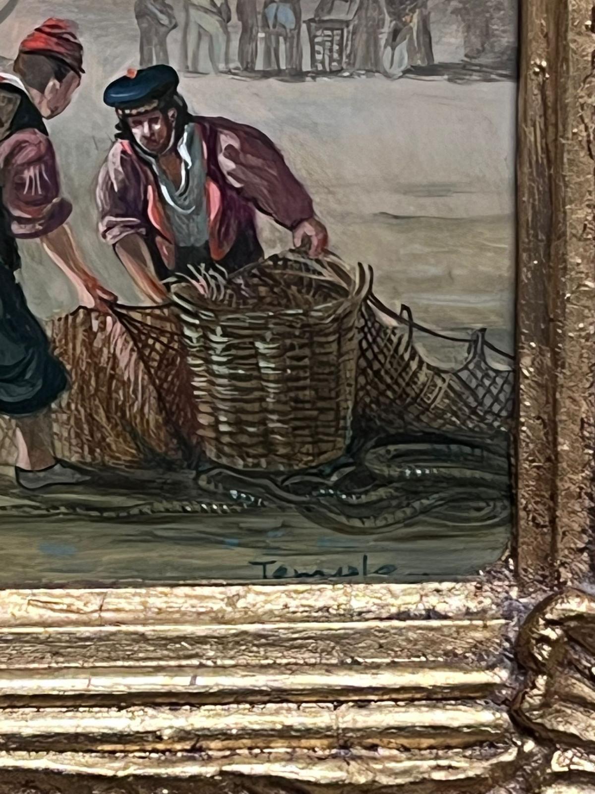 Tending the Nets
by Richard Tempe (British, 20th century)
signed oil on board, framed
framed: 14 x 16 inches
board: 9.5 x 11.5 inches
provenance: private collection, UK
condition: very good and sound condition 