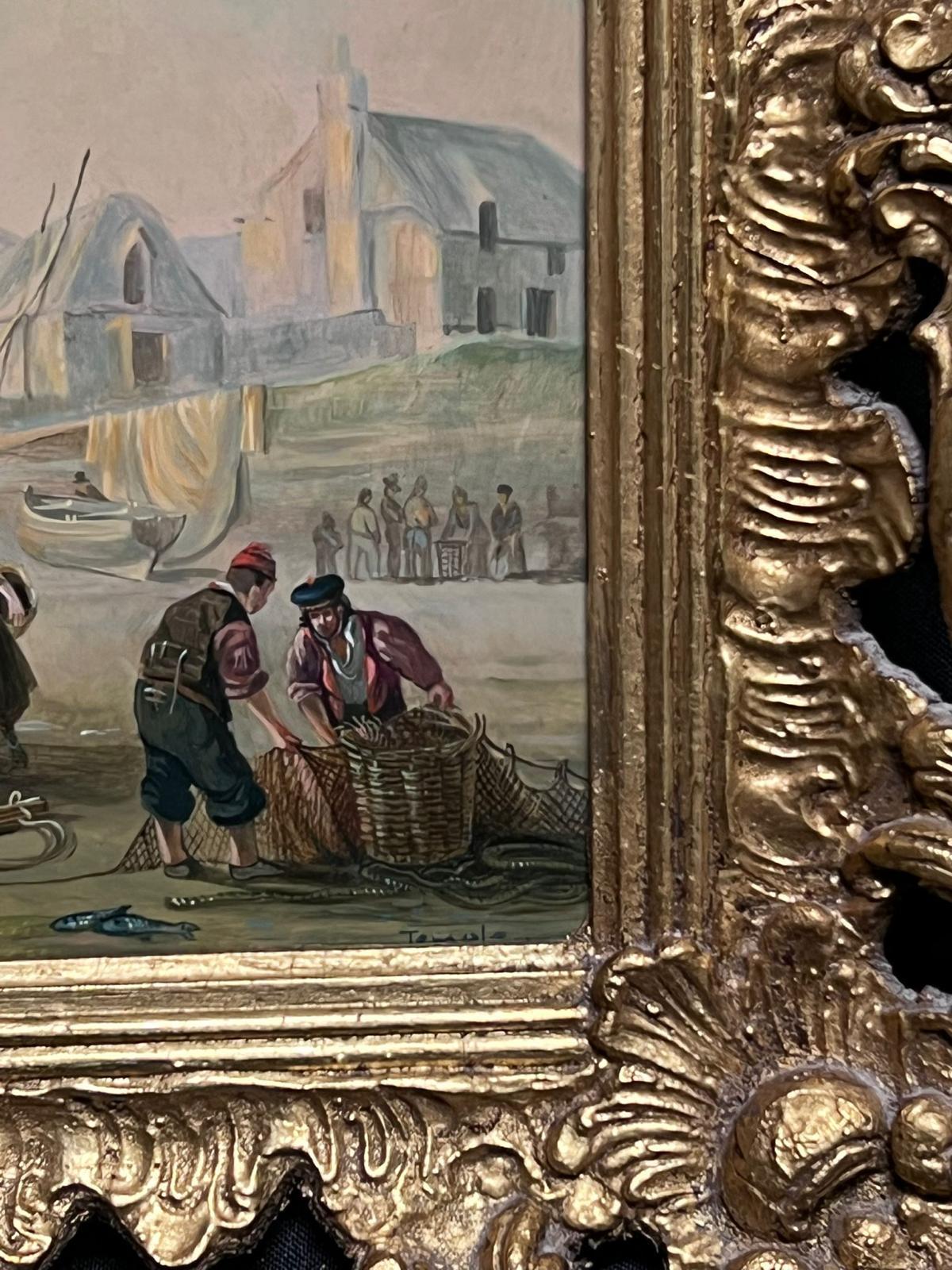 Traditional English Oil Painting Fisherfolk Tending Nets on Crowded Beach Coast For Sale 1