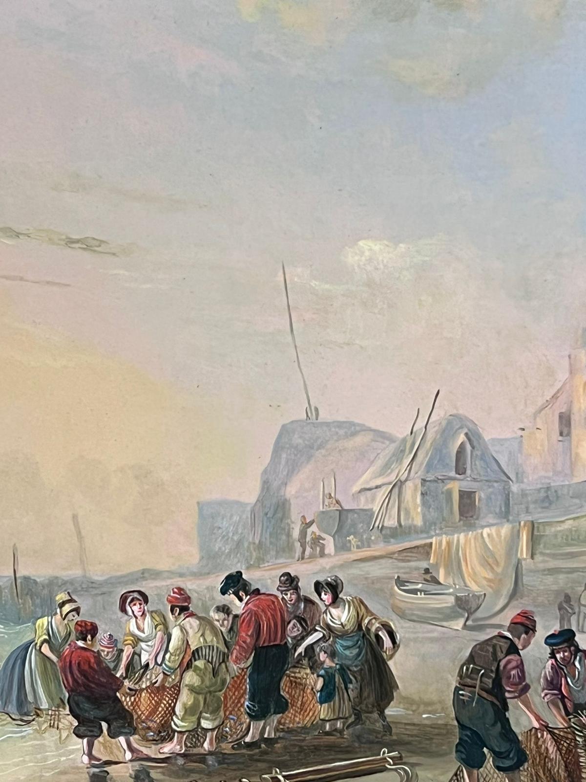 Traditional English Oil Painting Fisherfolk Tending Nets on Crowded Beach Coast For Sale 2