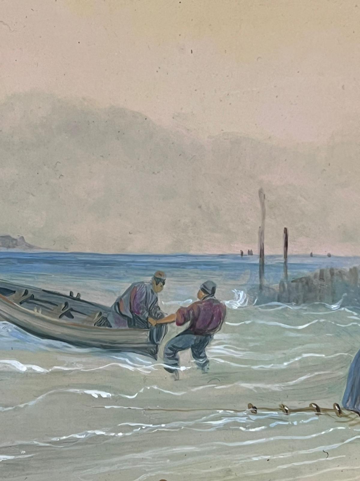 Traditional English Oil Painting Fisherfolk Tending Nets on Crowded Beach Coast For Sale 4