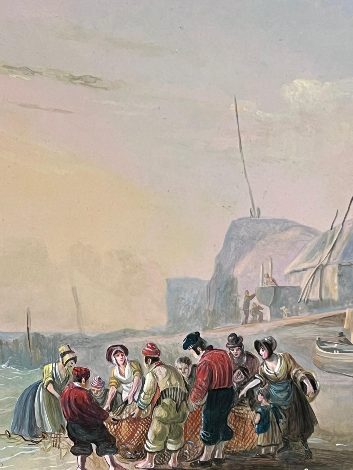 Traditional English Oil Painting Fisherfolk Tending Nets on Crowded Beach Coast For Sale 5