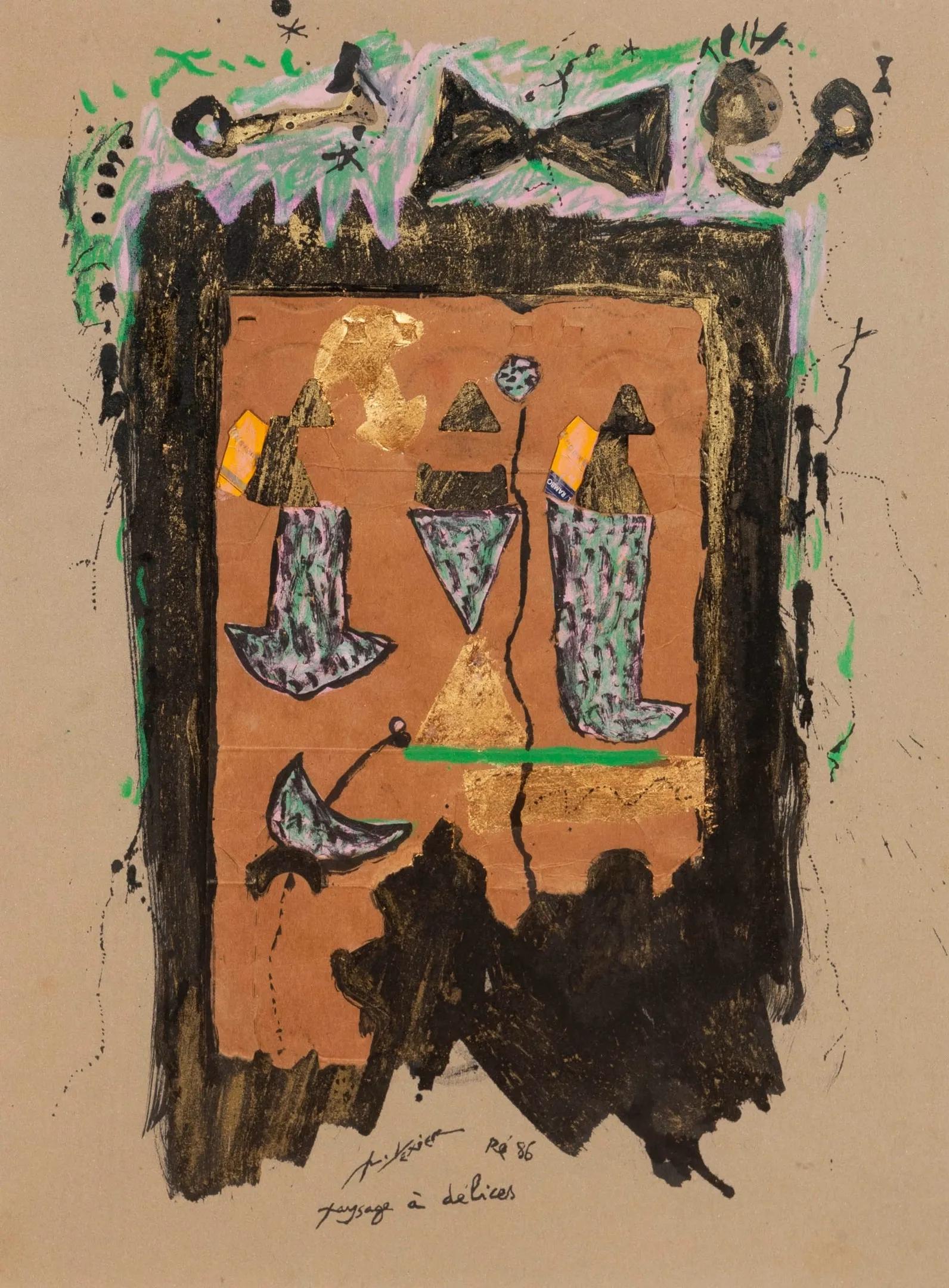 Original mixed media composition by French contemporary artist Richard Texier (born 1955), titled “Paysages à Délices”, executed in 1986.

This highly expressive work combines ink, watercolor, and collage on paper, demonstrating Texier’s distinctive
