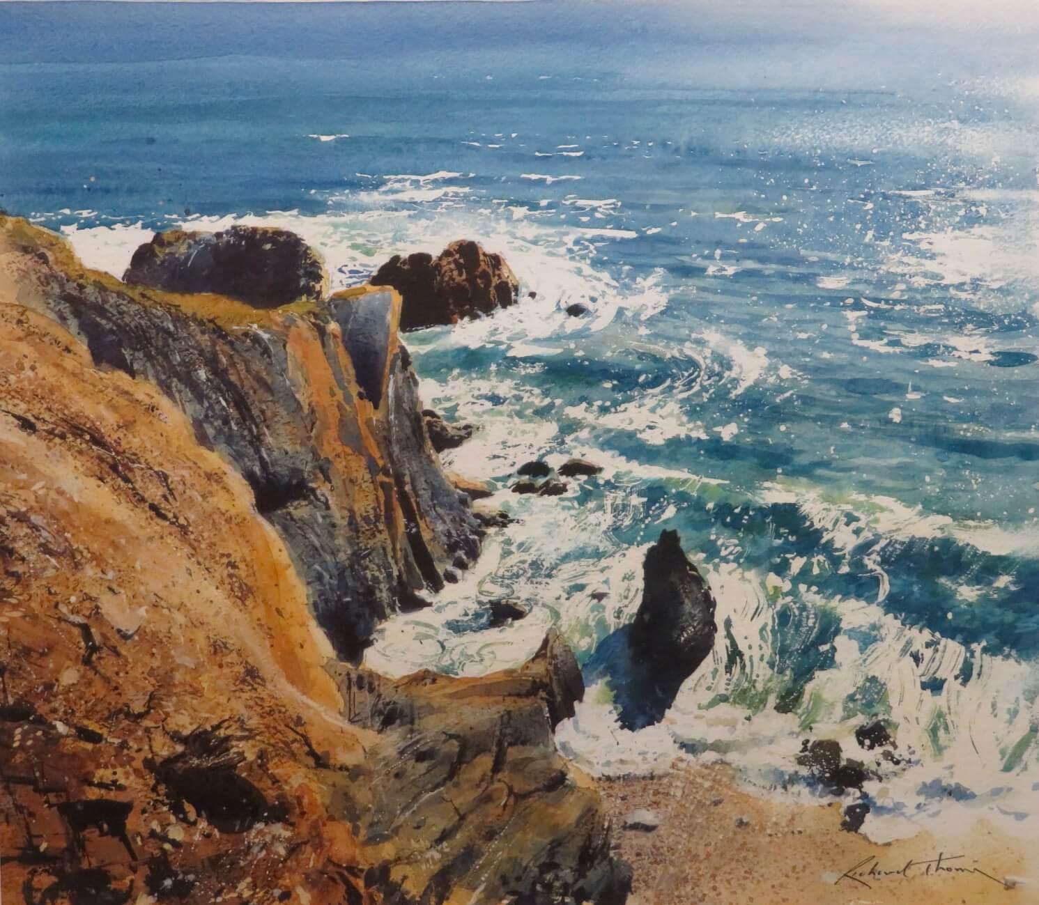 RICHARD THORN R.I. (1952-) Aquarelle originale fine Seascape Modern British - Gris Landscape Painting par Richard thorn