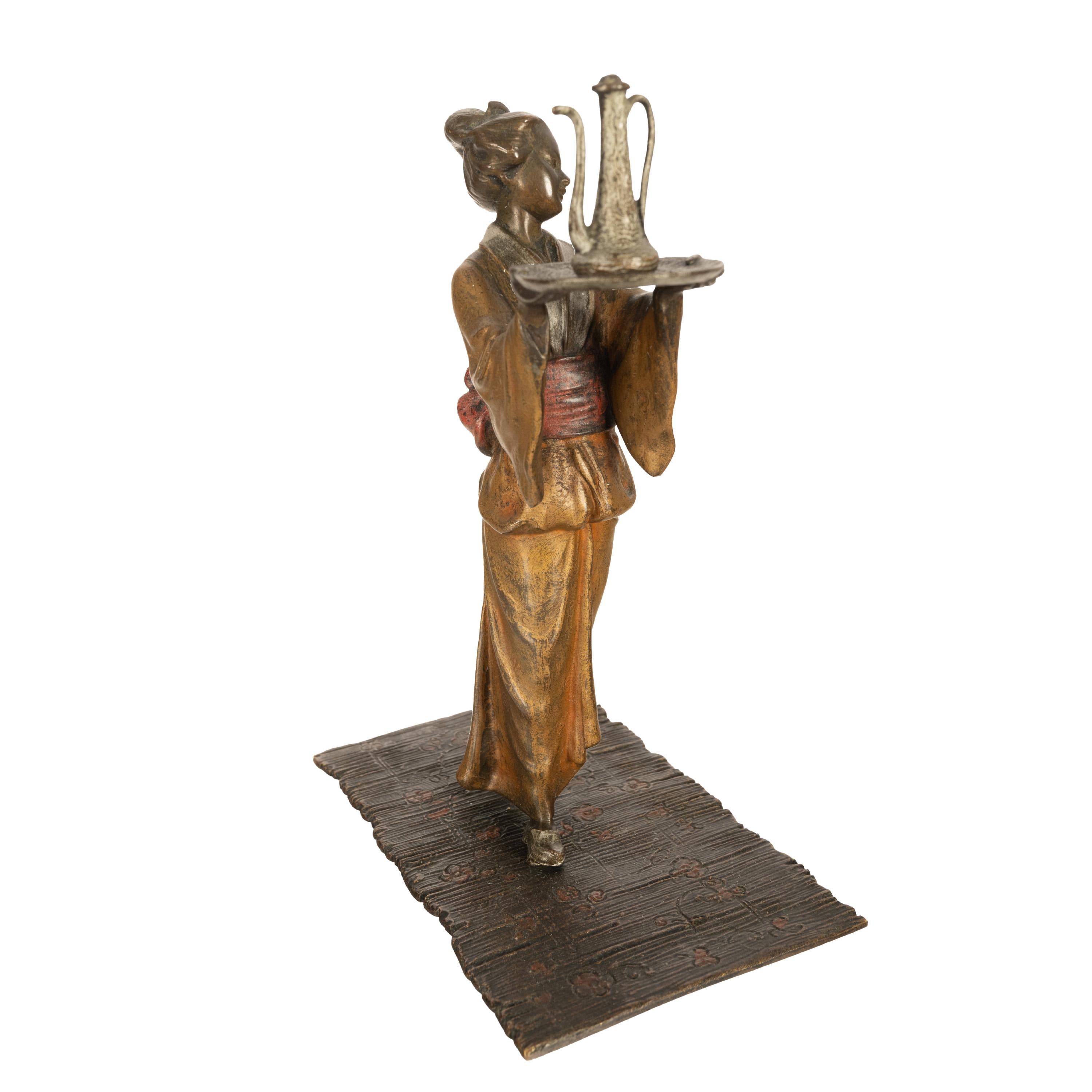 Antiguo Art Decó Austriaco Bronce Pintado en Frío Sirviente Chica Geisha Japonesa 1920 en venta 1