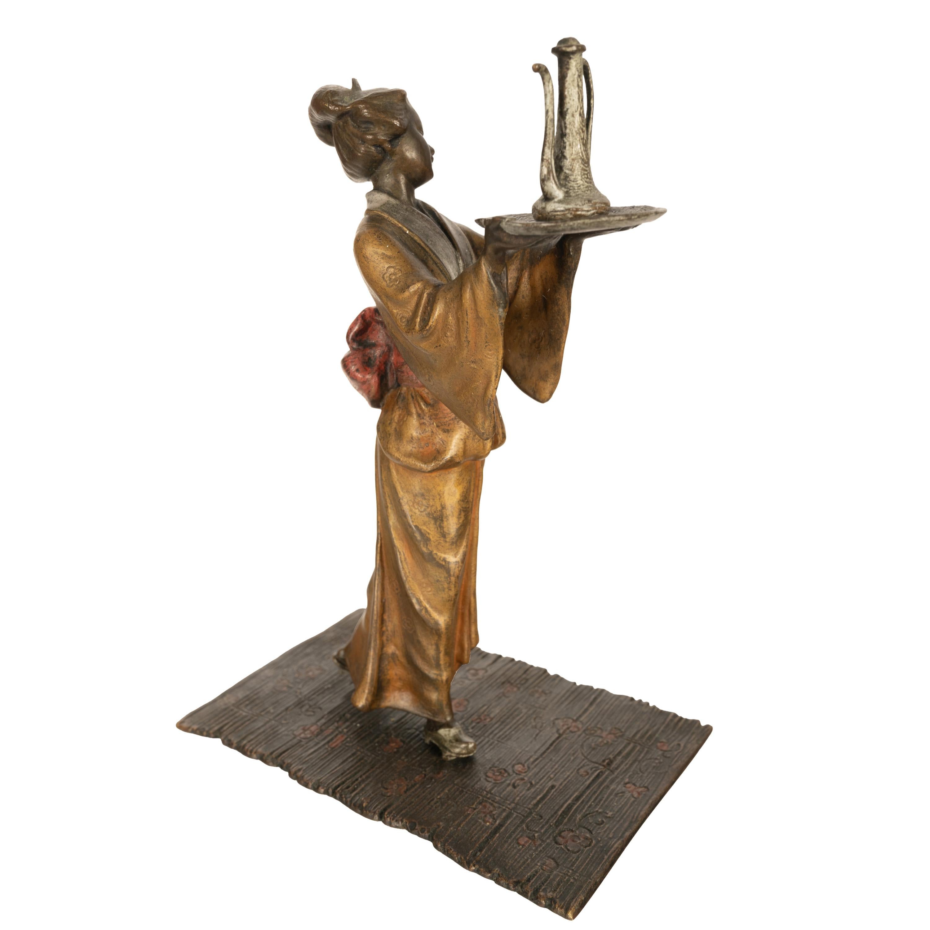 Antiguo Art Decó Austriaco Bronce Pintado en Frío Sirviente Chica Geisha Japonesa 1920 en venta 2