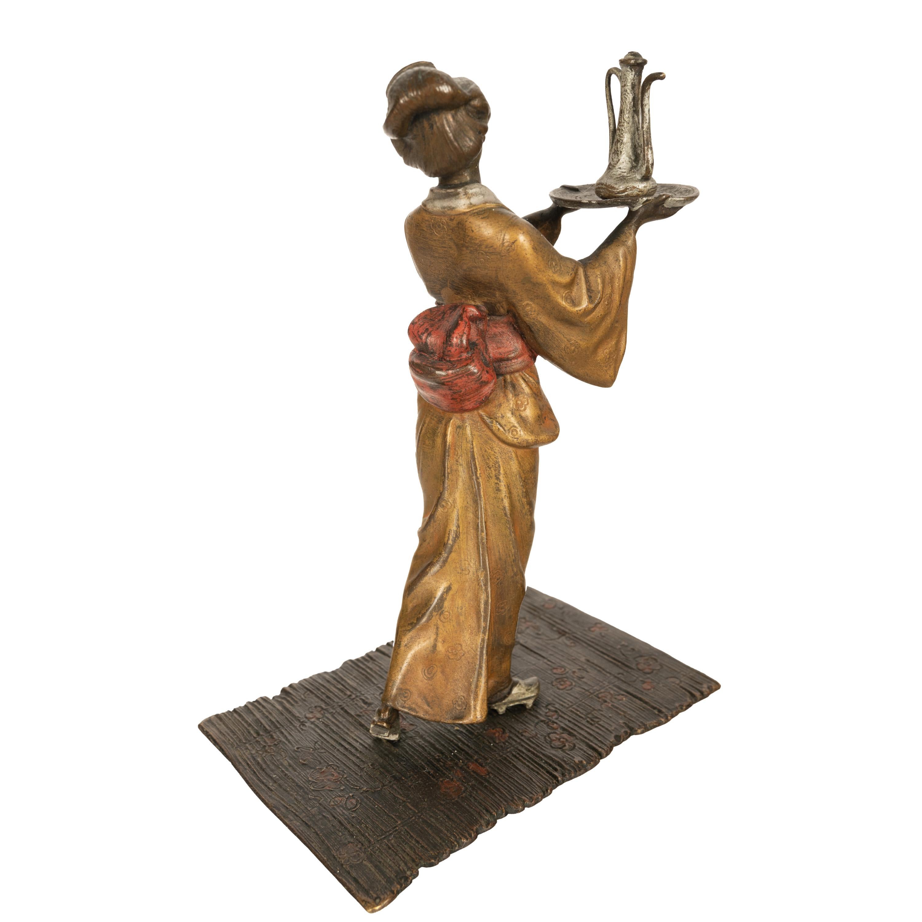 Antiguo Art Decó Austriaco Bronce Pintado en Frío Sirviente Chica Geisha Japonesa 1920 en venta 4