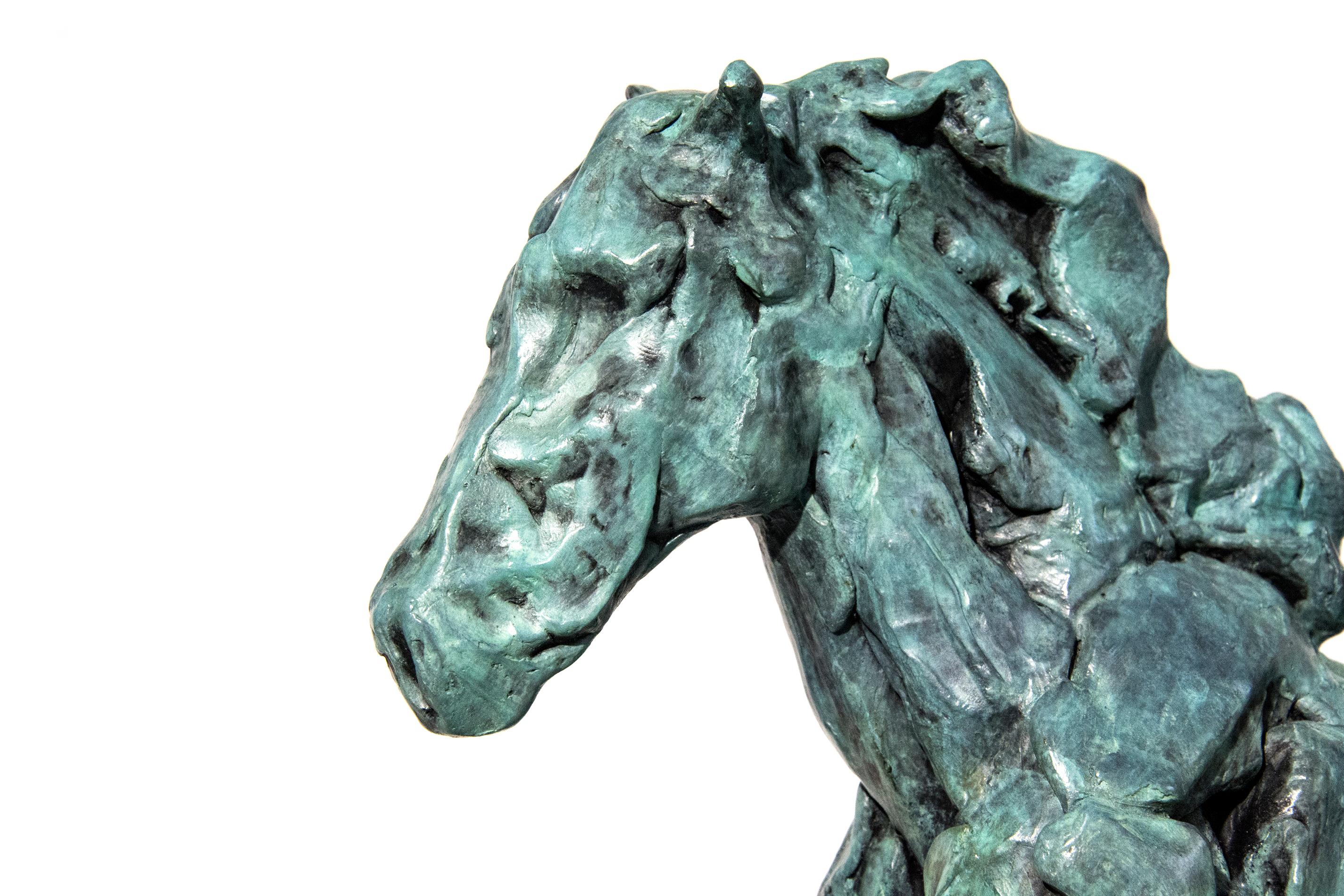 The majesty and power of a horse as it rears up is captured in this dynamic bronze statuette by Canadian sculptor, Richard Tosczak. His work begins with a quickly sketched pen and ink single drawing of each piece which is then formed in clay and