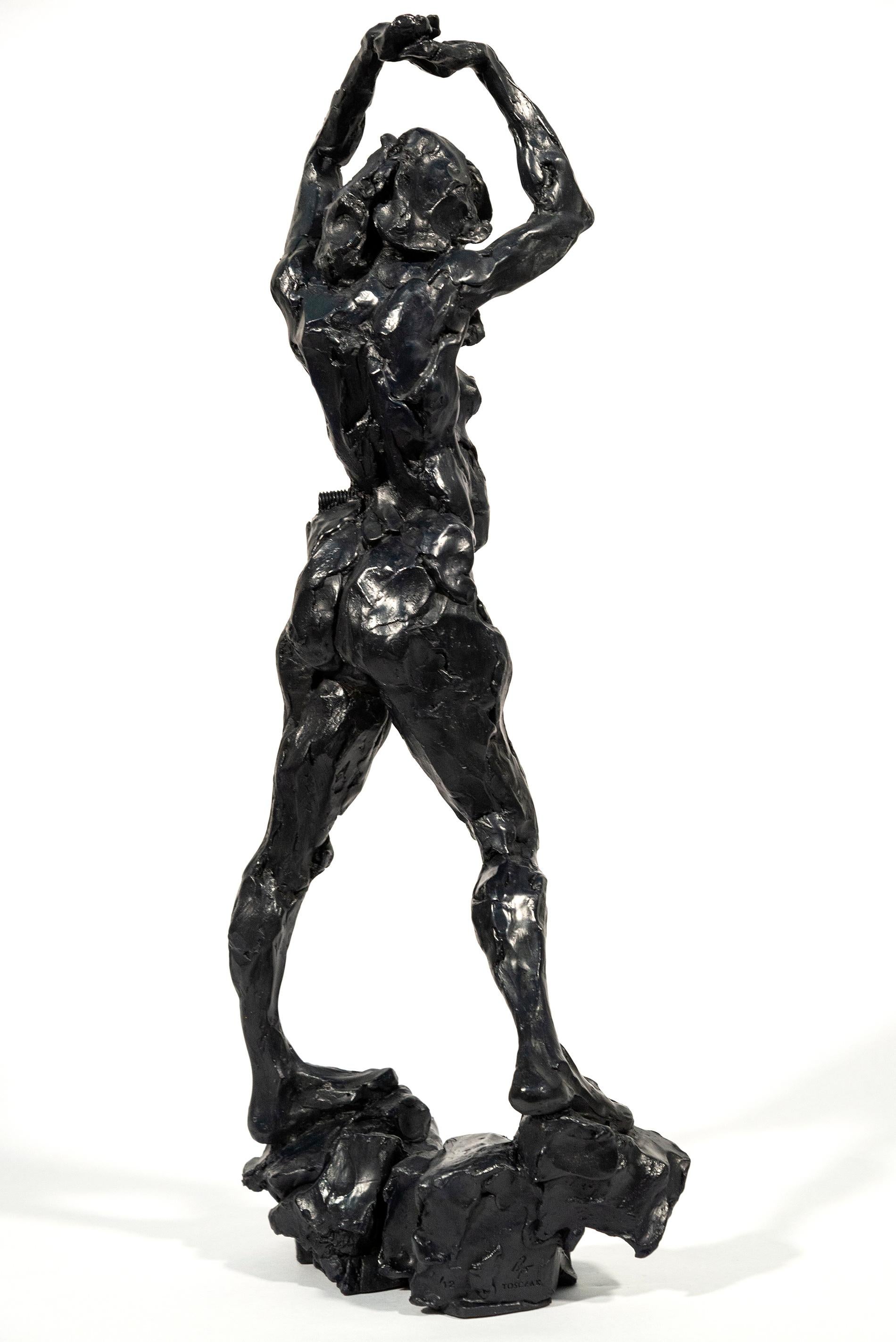 L'artiste canadien Richard Tosczak capture la beauté et l'élégance de la forme humaine dans ses sculptures. Cette pièce représente une femme nue dans une pose forte, les bras levés au-dessus de la tête. Coulée magistralement en bronze, dans une