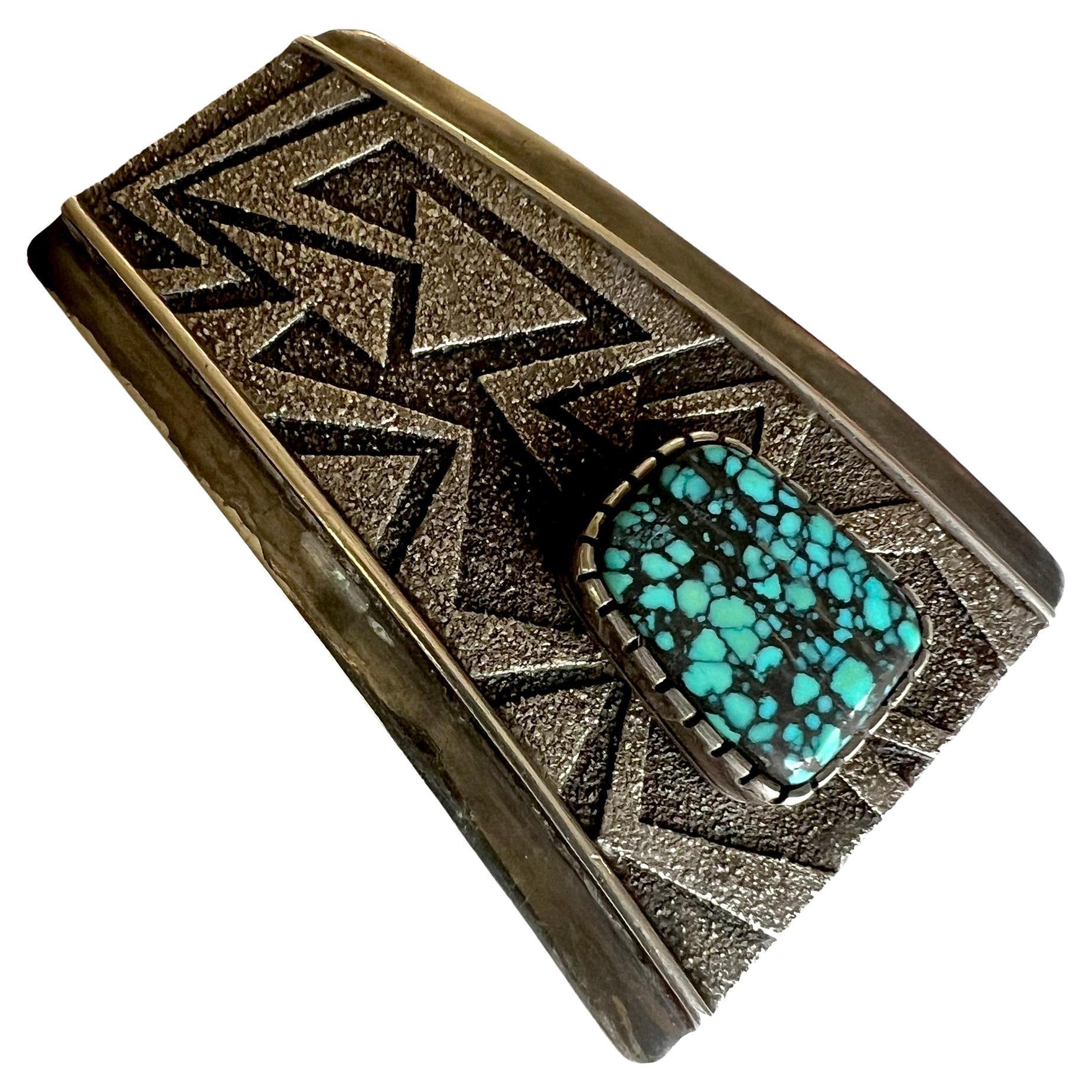 Native American Richard Tsosie Sterling Silver Tufa Cast Belt Buckle with Spider Web Turquoise  For Sale