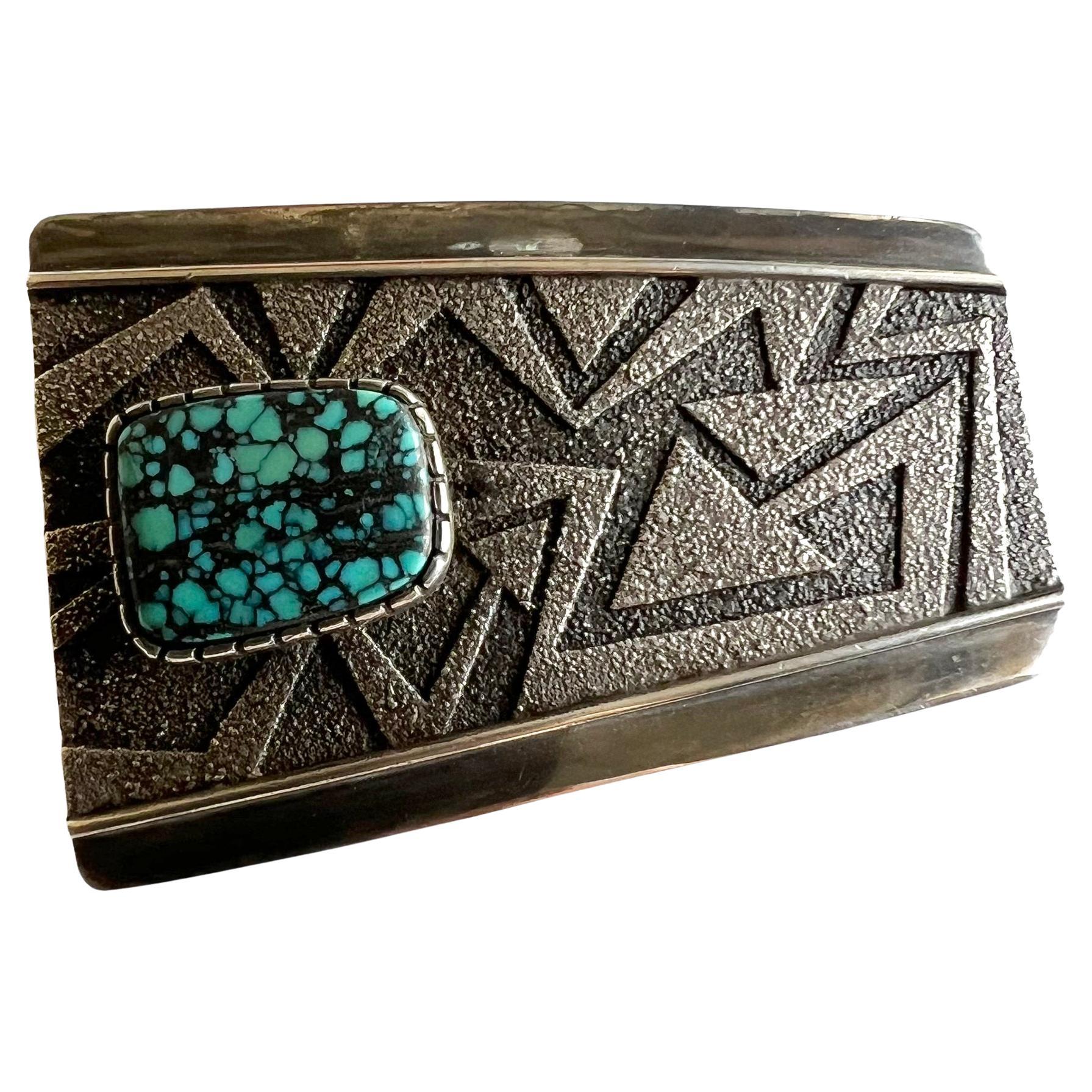 Richard Tsosie Sterling Silver Tufa Cast Belt Buckle with Spider Web Turquoise  For Sale