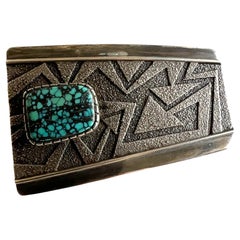 Vintage Richard Tsosie Sterling Silver Tufa Cast Belt Buckle with Spider Web Turquoise 