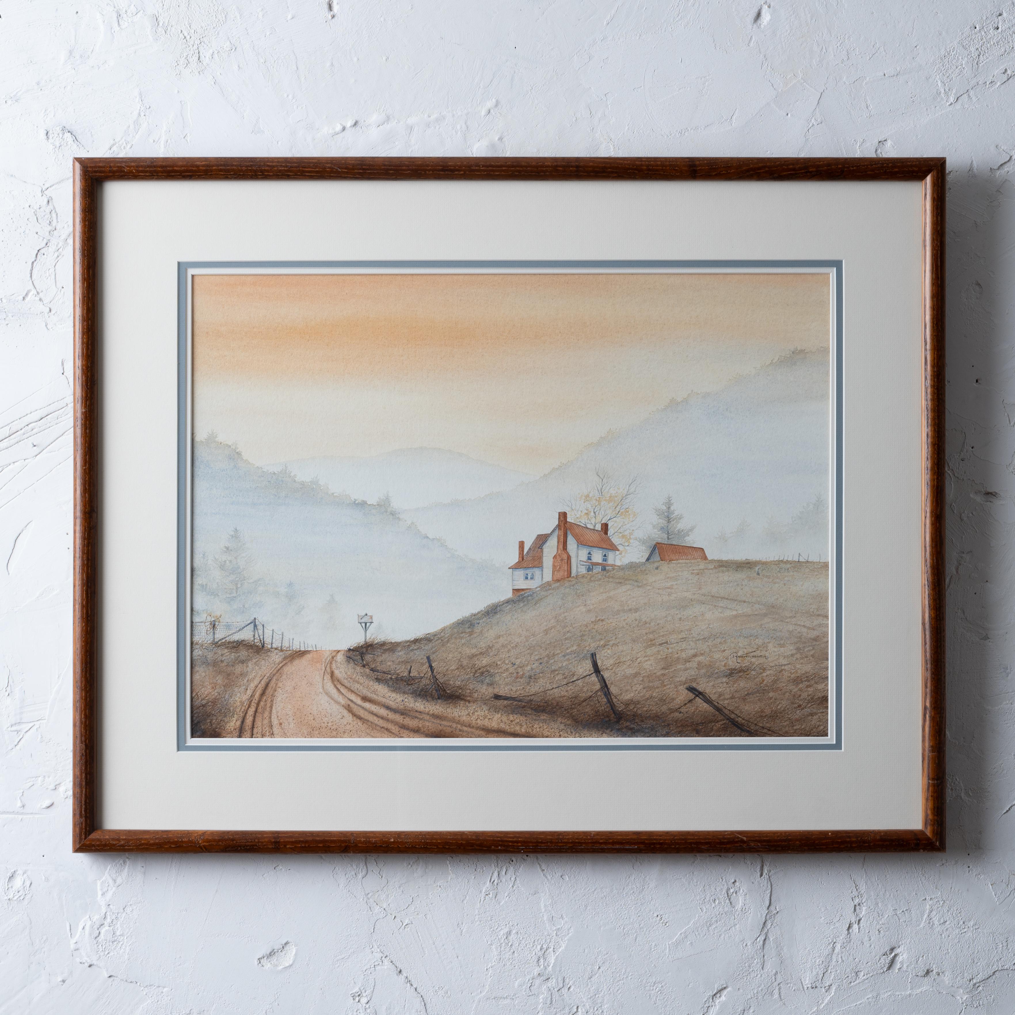 Richard Tumbleston
(American/North Carolina, b.1951)

A watercolor painting of a Blue Ridge Mountain road and homeplace.

sight: 21 ¾ by 15 ¾ inches
frame: 30 by 24 inches

Very good overall condition; frame with light scratches.
