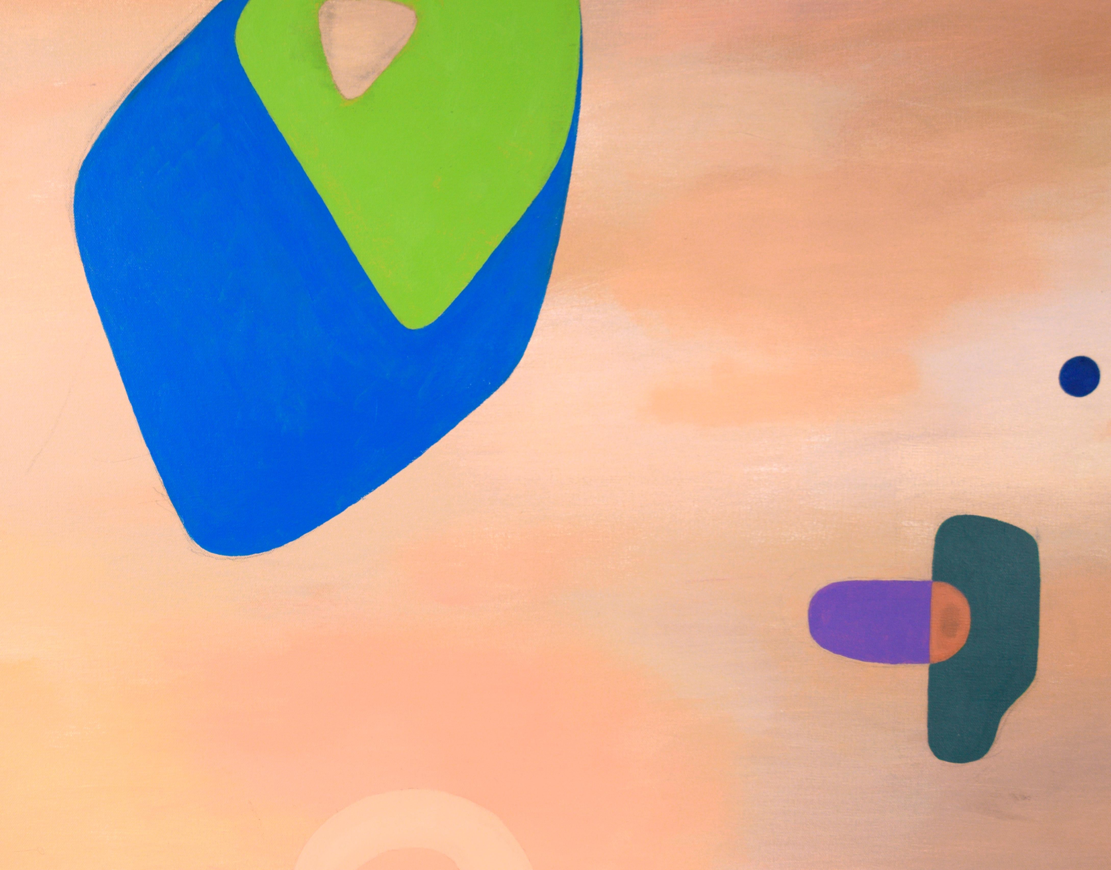 Colors flottants - Composition géométrique abstraite à l'huile sur toile

Composition abstraite aux couleurs vives de l'artiste de San Francisco Richard Turtletaub (américain, né en 1959). Des formes variées de couleurs vives flottent dans un champ