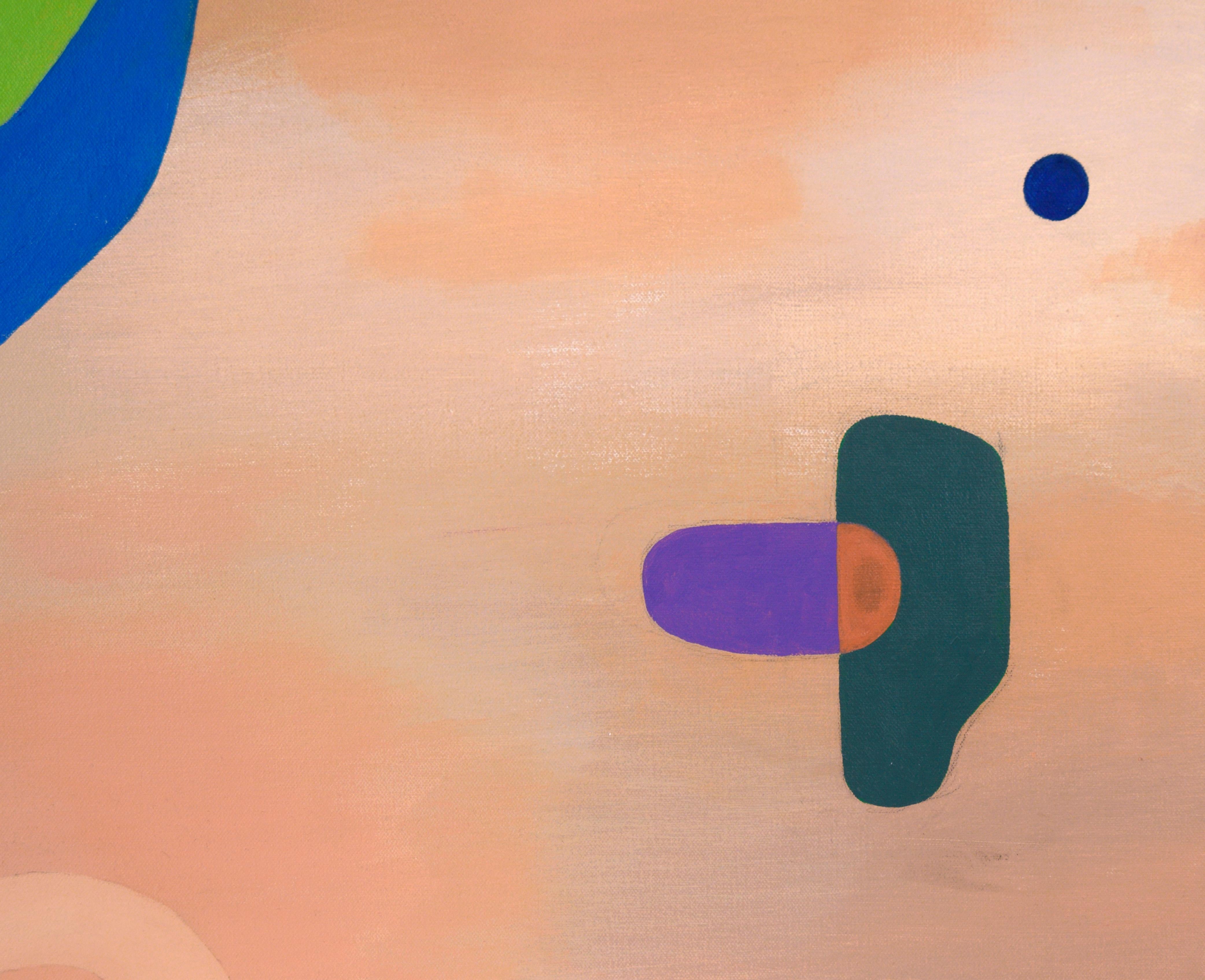 Floating Colors - Abstract Geometric Composition in Oil on Canvas

Abstract composition with bright colors by San Francisco artist Richard Turtletaub (American, b. 1959). Various shapes of bright colors are floating in a field of beige shades and