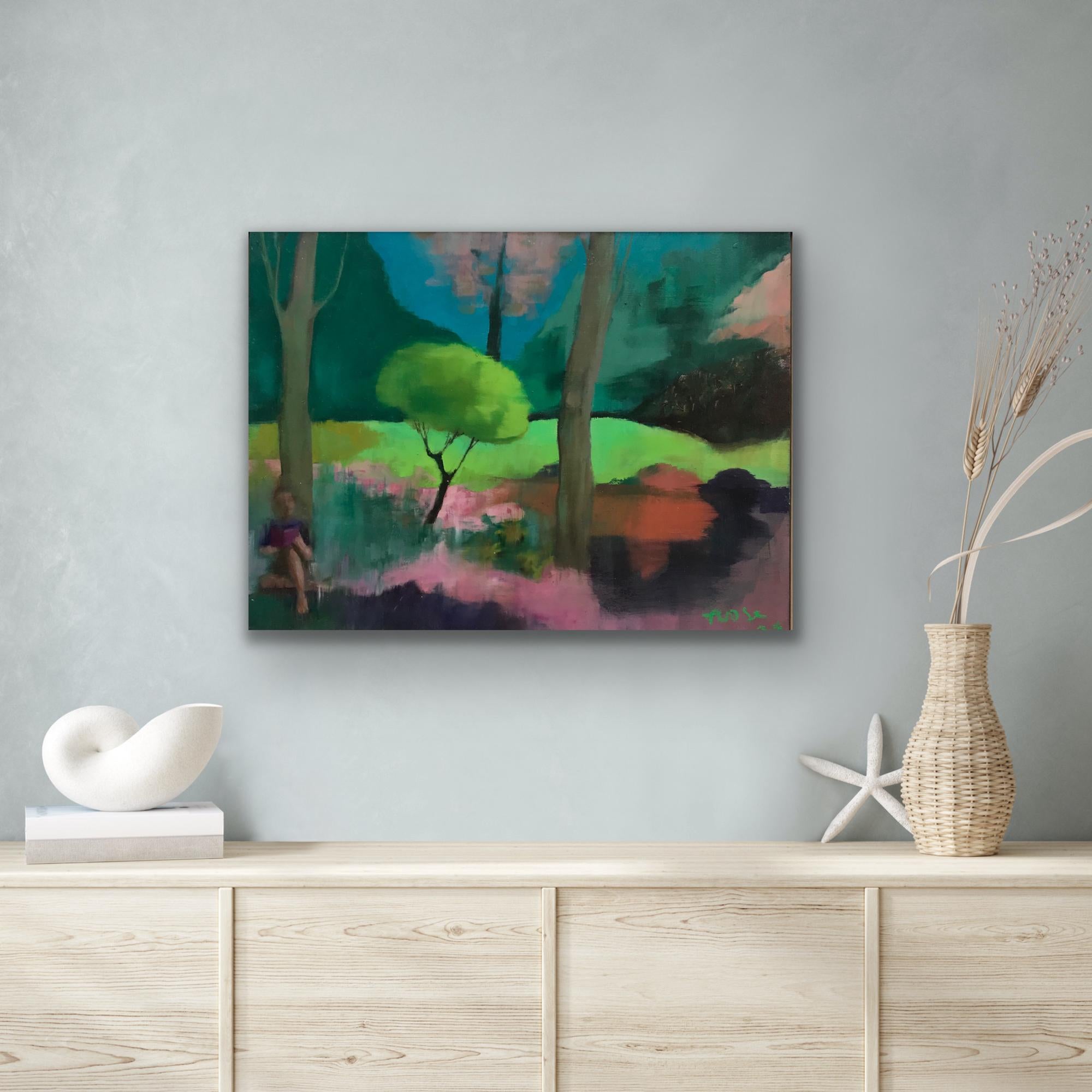 Tarde, pintura original, contemporáneo, paisaje, jardín en venta 3