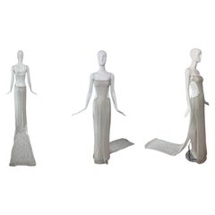 RICHARD TYLER 2003 Vintage Runway Off-White Silk + Leather Backless Wedding Gown