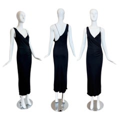 RICHARD TYLER 90
s Vintage Black Slinky Long Dress Ruched Asymmetrical Backless