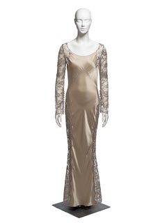 Richard Tyler Champán Seda Cortada al Bies Con Encaje Lamé Metálico, SS 1995